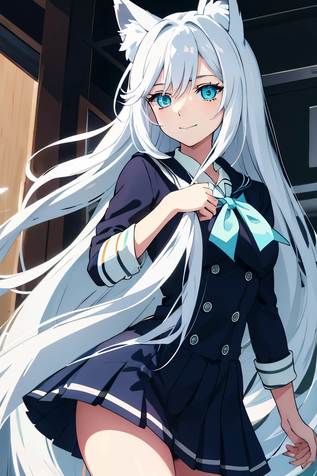 medium tits, teenage, detailed eyes, white circle eyes, best quality, (masterpiece:1.2), highly detailed, street, sailor uniform
1girl, looking at viewer, slight smile, blue eyes, medium hair, indoor, silver hair, fox ears, fox tail