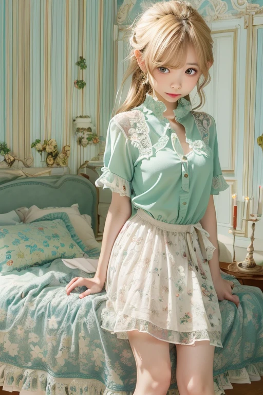 (masterpiece:1.2, best quality, ((contrasting eyes)), detailed, blouse, skirt, sitting, from front, bedroom, indoor)