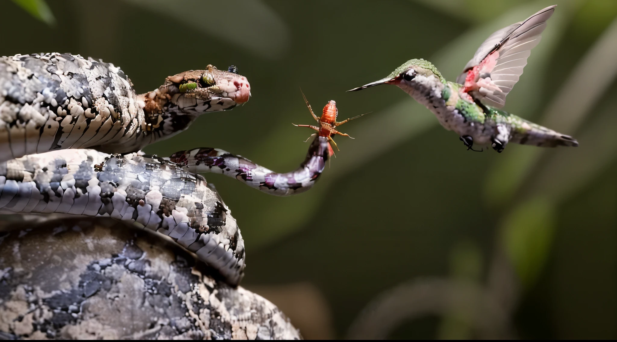 A very detailed high resolution photograph of a spider tail snake preparing to attack a hummingbird.