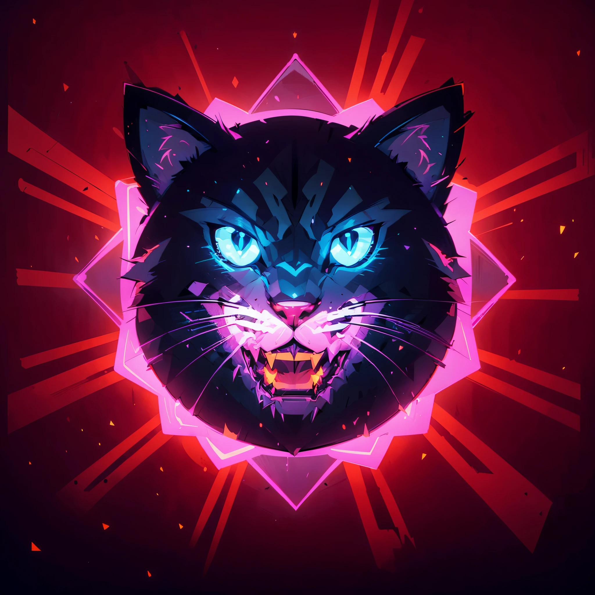 ((Vector cat logo)), vector cat with glowing eyes and a star in the background, dark video game icon design, beautiful neon cat, demon cat, 3d icon, vector art style, mascot illustration, glowing-eyes-and-mouth, evil smile and glowing eyes, neon art style, panther, ((black background))