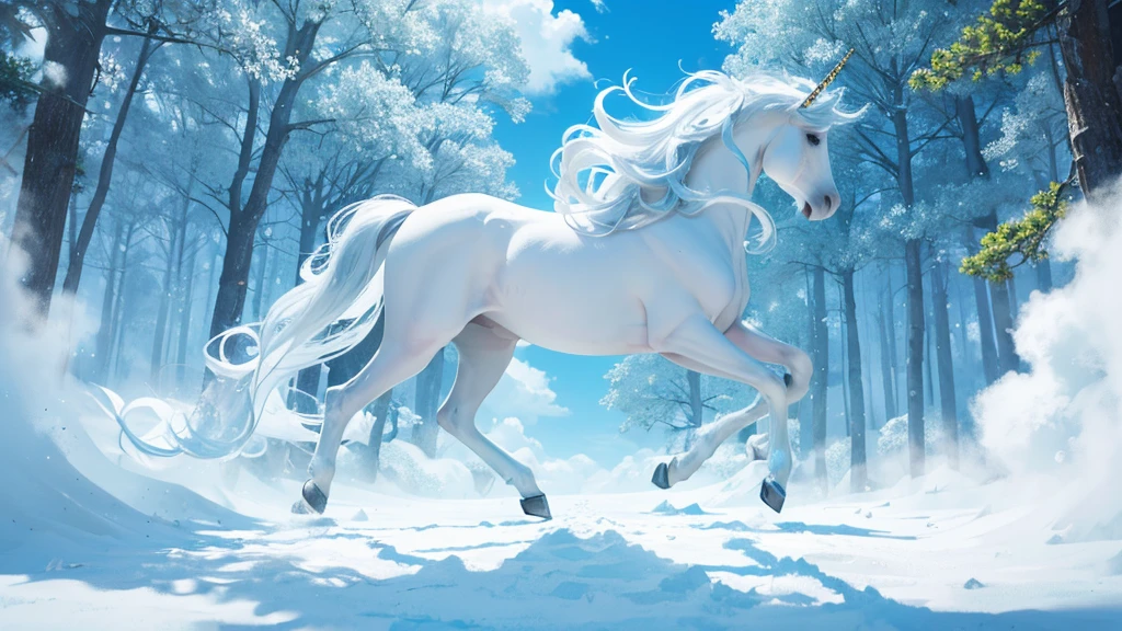 Light blue-white tones，Beautiful scenery without people，a fantastic unicorn，Stepping on the trees of the clouds，best quality，masterpiece，Extremely complex and exquisite details