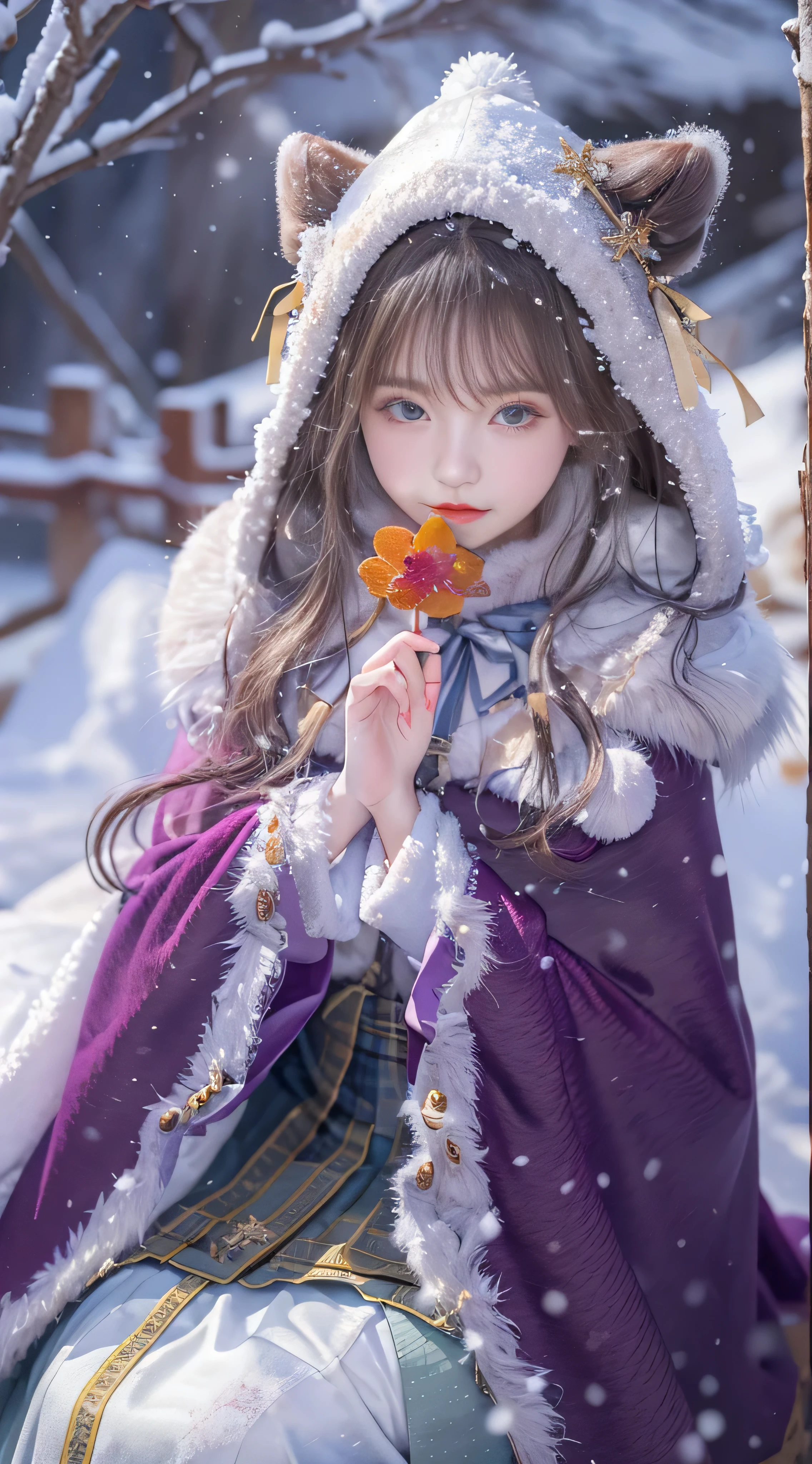 ((works of masters))，(ultra high resolution)，1 girl, sitting, lolita costume，cloak (snow, Outdoor activities in winter:1.2),Outside the castle，8K，Detailed details，laughter，
