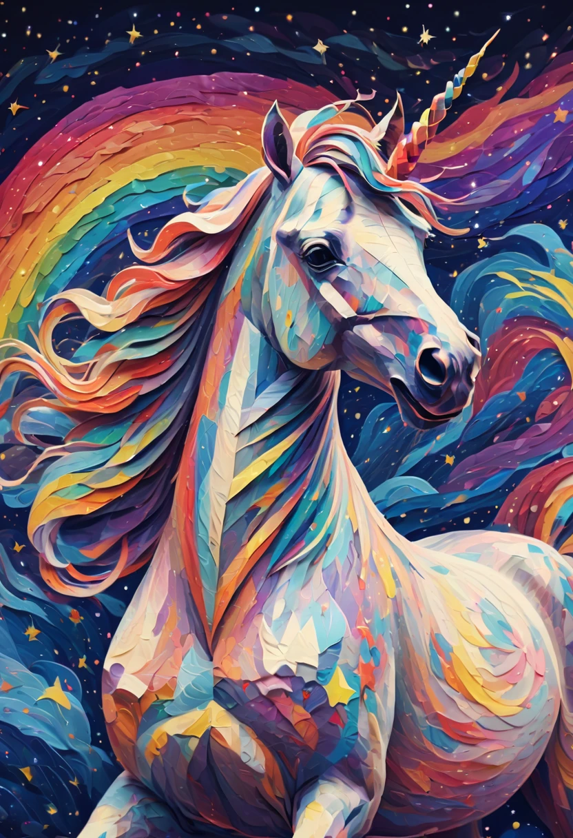 (best quality,4k,highres:1.2),ultra-detailed,fine brushstrokes,studio lighting, ponytailed unicorn portraits, big smile to the camera, vincent van gogh  style starry sky, zentangle, origami, 3d crunch, fantasy, magical flashes and explosions crossing the horizon, colorful palette:norainbow,