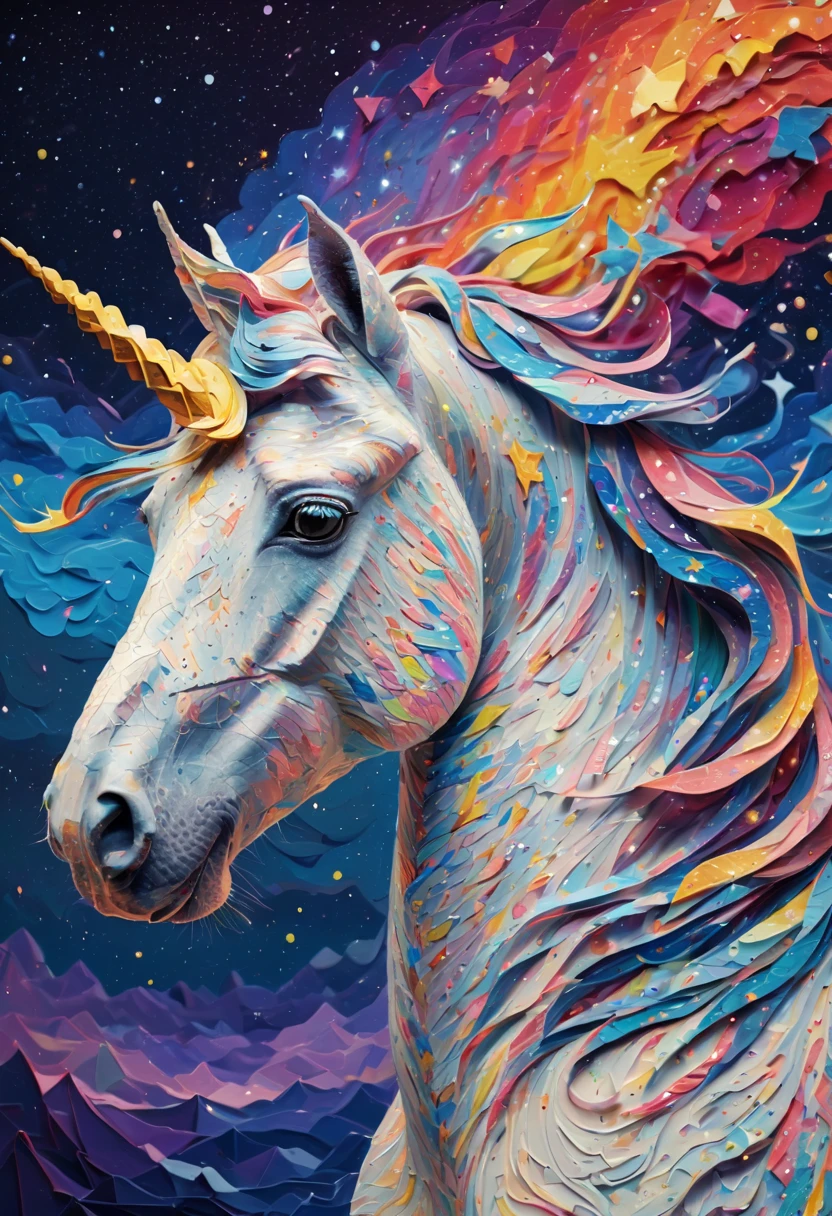 (best quality,4k,highres:1.2),ultra-detailed,fine brushstrokes,studio lighting, ponytailed unicorn portraits, big smile to the camera, vincent van gogh  style starry sky, zentangle, origami, 3d crunch, fantasy, magical flashes and explosions crossing the horizon, colorful palette:norainbow,