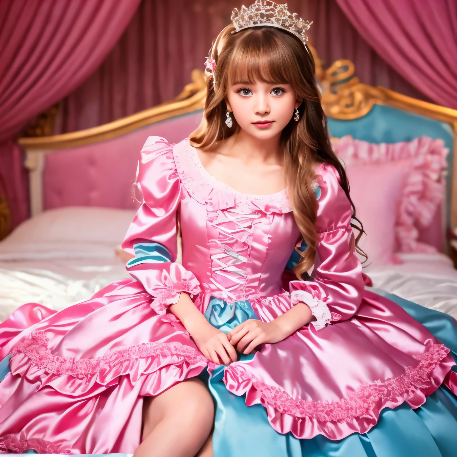 ,highest quality, masterpiece, highest resolution, artwork, super それにget used to it, many get used to it, get used to it, それにget used to it, 3K realistic photos,,((10 year old girl)),Super detailed baby face,She is a princess,Full length ball gown dress with hoop skirt,ruffle yoke collar,puff sleeves,long sleeve,((ta style hot pink detailed princess satin dress、Comes with lots of frills and ribbons。)),colorful rococo fashion,shiny satin dress,Soft and smooth fabric,luxury,long blonde hair,blue eyes,white skin european,pajamas,((inside the palace)),,,(( of 10 yuper detailed baby face,Full length ball gown dress with hoop skirt,long skirt,ruffle yoke collar,puff sleeves,腰まで伸びるlong blonde hair,blue eyes,white skin european,pajamas,((inside the palace bedroom)),ピンクのシルクサテンのluxuryなcanopy bedの上,canopy bed,Luxurious curtains on both sides of the bed,many frilly pillows on the bed,super detailed background,Detailed bed,romantic atmosphere,the little princess is on the bed,hug a pink pillow,((((Both legs are hidden in the dress)))),the dress is spread out on the bed,soft pink silk satin comforter,soft silk satin ruffled pillow,Beautiful girl illustration,detailed beautiful face detailed hair,detailed human eye ,detailed mouth, arm details,fine hands,Detailed pillow,