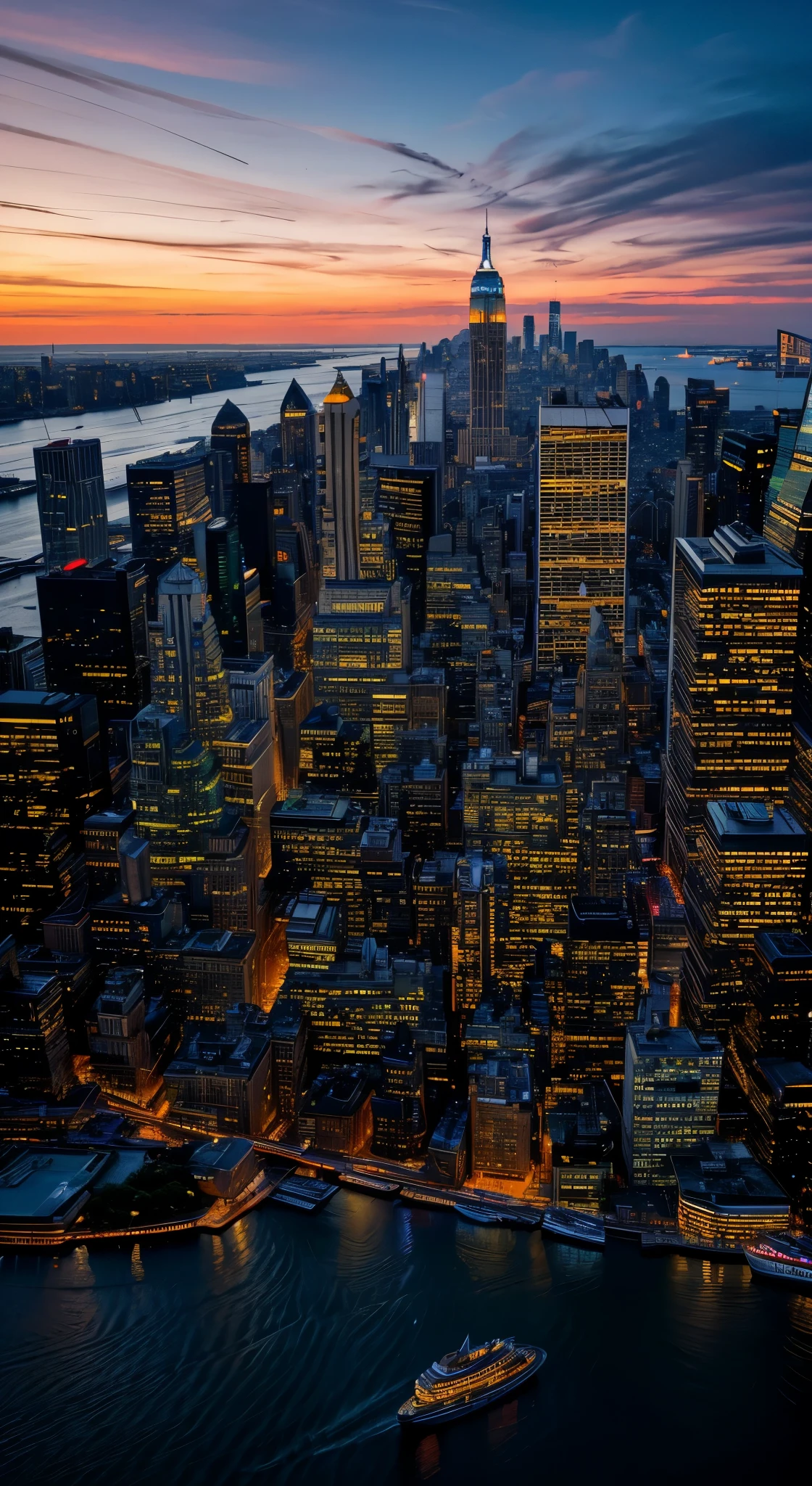 (RAW style, masterpiece, best quality, ultra-detailed), New York City Night View, Backdrop American City Landscape, Famous Landmark - the Statue of Liberty, Skyscrapers Background with glowing neon signs, for Photography Studio Props, realistic photography, (cinematic style), (film grain texture), cinematic light, top-down angle, ultra high res, intricately detailed, hyperrealistic, sharp focus, dark contrast, blue hour tones, dramatic shadows, impressive depth, iconic architecture, iconic scene, ideal studio backdrop.