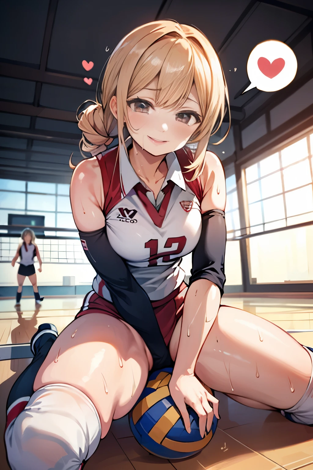 unity 8k wallpaper, anatomically correct, (((masterpiece))), (((best quality))), (((ultra detailed))), (((high-resolution))), ((Ultimate cutie)), perfect hands, perfect finger, (((good anatomy))), detailed beautiful face, shiny hair, (((gyaru))), (potbelly), (curvy), medium breasts, ((Thick thighs)), (((solo))), ((seductive smile)), (((blush))),
BREAK, (((sit astride the perfectly spherical shape 6-inch volleyball))), (((Straddling a perfectly spherical 6" volleyball))), (((Perfectly spherical 6" volleyball fits perfectly crotch))), BREAK, (((Rub the Perfectly spherical 6" volleyball against crotch))),
BREAK, (Collared volleyball uniforms), sleeveless, ((buruma)), ((kneepad)), pussy juice stained, (elbow pad), (((sweat))), (((covered in sweat))), ((deep breathing)), in Volleyball Court, indoor, lighting, looking at viewer, full body, (spoken heart)