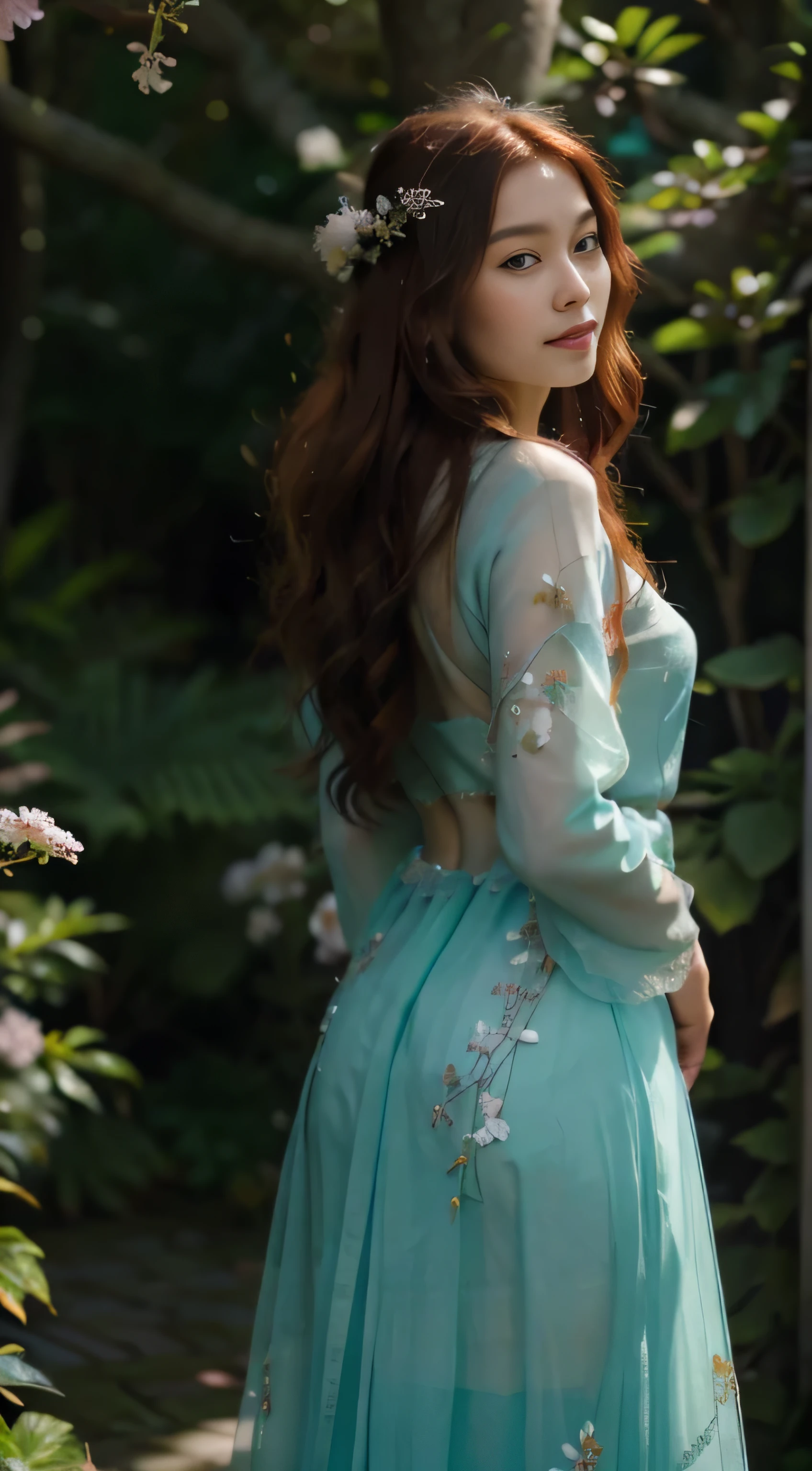 8K Ultra HD, très détaillé,voici l&#39;esprit captivant et éthéré d&#39;une belle et mignonne jeune fille de 20 ans, tout le corps, gracieusement orné de l’essence des fleurs épanouies, Ses longs cheveux roux flottants, comme des fils soyeux de soleil, cascade gracieusement le long de son dos, entrelacés avec de délicats accents floraux qui reflètent les fleurs environnantes. Ses yeux, la couleur des émeraudes de la forêt la plus profonde, scintillent d’un soupçon de magie et de mystère, Sa tenue est un chef-d&#39;œuvre délicat, fabriqué à partir de pétales et de feuilles, chaque pièce soigneusement choisie pour compléter sa beauté éthérée, Dans sa main, elle tient un bouquet délicat des fleurs les plus exquises, leurs couleurs vibrantes reflétant sa propre aura rayonnante, par Yukisakura, la plus haute qualité,