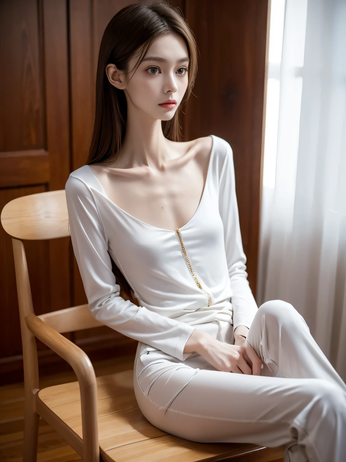 (Photorealistic),(Masterpiece),(ultra-detailed),a tall very beautiful and extremely thin girl who is literally just skin and bones because of being severely malnourished and looks so fragile and delicate and has big eyes and very small head, can see all her bones,sitting on a chair,she has very small and thin body frame and legs,wearing loose long sleeved pajamas and pants, so hungry