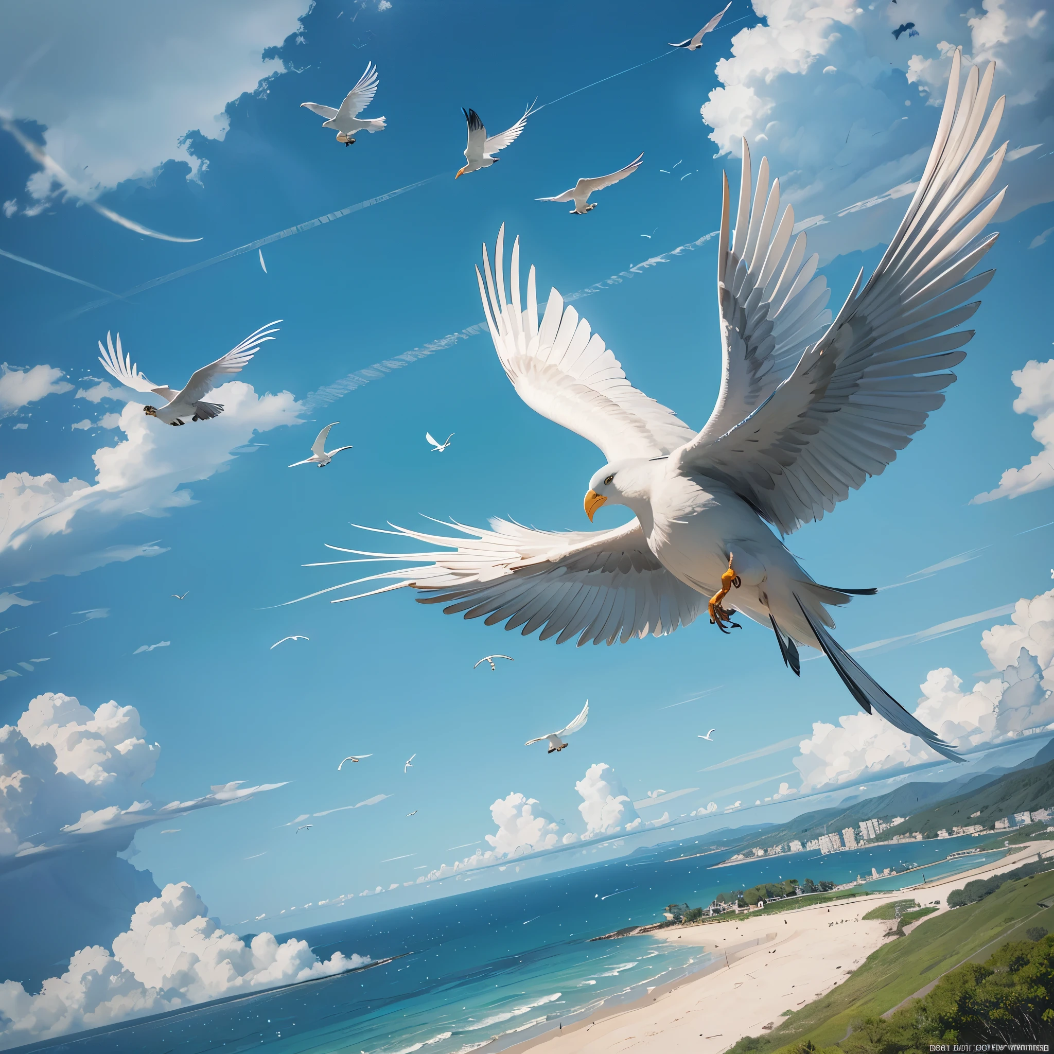 a group of birds in the sky, best quality, ultra-detailed, realistic, lifelike, feathers: ,wings: beakfluffy clouds,vivid colors,bright sunlight,flight,graceful movement,peaceful atmosphere,sky blue color,perspective view,dynamic composition,natural scenery,high resolution,HDR lighting,birds soaring freely,wings spread wide,diverse species,feathers fluttering in the wind,flock of birds in formation,beautiful avian creatures,airborne symphony,feathered friends dancing in the air,photorealistic rendering,precise details of every bird's plumage,nature's harmony,birds as messengers of freedom and escape,serenity of the open sky,poetry in motion,skilled brushstrokes capturing the elegance of flight,shapes blending together in perfect harmony,awe-inspiring spectacle,gentle breeze tousling feathers,sublime beauty in flight