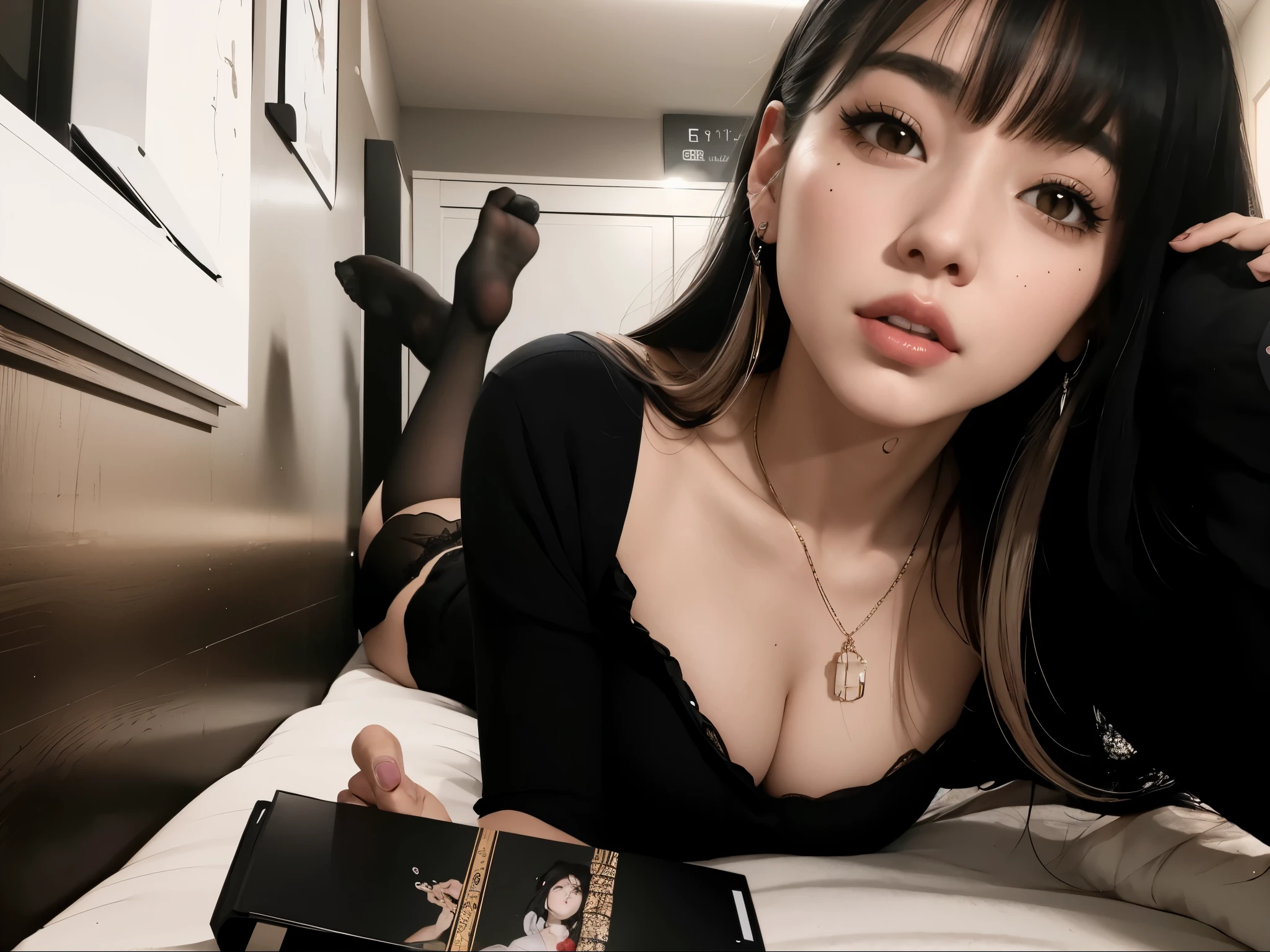 Hay una mujer acostada en una cama con un libro, tendencia en cgstation, a Hyper realistic , Hyper realistic , chica anime seductora, preciosa modelo china, tendencia en cgstation, muy hermosa linda catgirl, diosa japonesa, obra de arte al estilo de guweiz, cruel korean gothic girl, diosa femenina solitaria, hermosa criada, chica androide perfecta