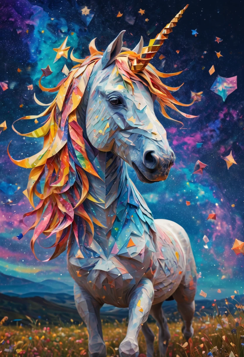 (best quality,4k,highres:1.2),ultra-detailed,fine brushstrokes,studio lighting, ponytailed unicorn portraits, big smile to the camera, vincent van gogh  style starry sky, zentangle, origami, 3d crunch, fantasy, magical flashes and explosions crossing the horizon, colorful palette:norainbow,