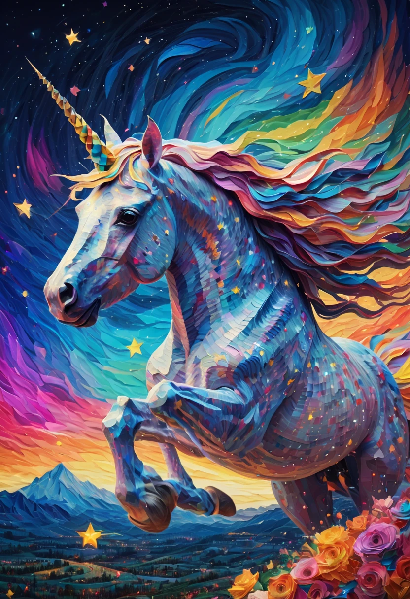 (best quality,4k,highres:1.2),ultra-detailed,fine brushstrokes,studio lighting, ponytailed unicorn portraits, big smile to the camera, vincent van gogh  style starry sky, zentangle, origami, 3d crunch, fantasy, magical flashes and explosions crossing the horizon, colorful palette:norainbow,