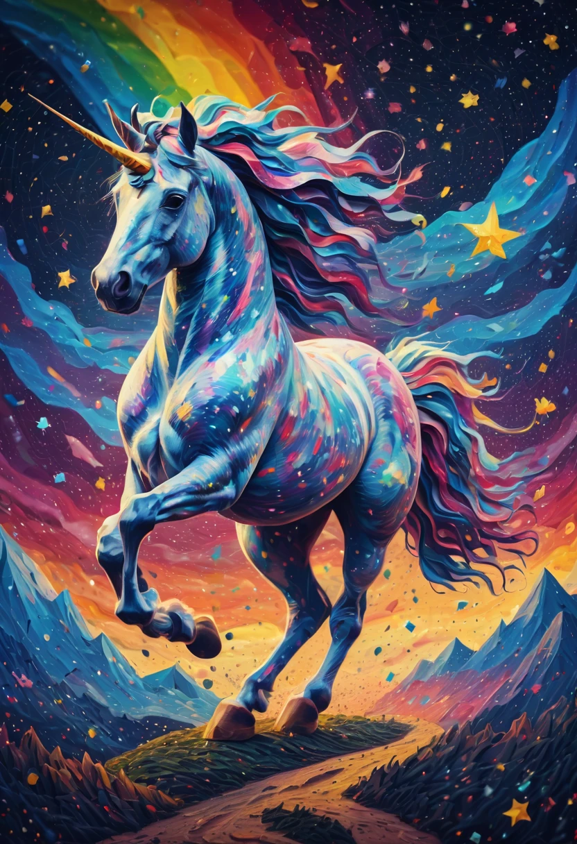 (best quality,4k,highres:1.2),ultra-detailed,fine brushstrokes,studio lighting, ponytailed unicorn portraits, big smile to the camera, vincent van gogh  style starry sky, zentangle, origami, 3d crunch, fantasy, magical flashes and explosions crossing the horizon, colorful palette:norainbow,