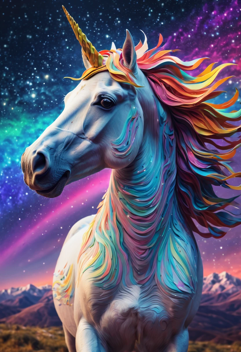 (best quality,4k,highres:1.2),ultra-detailed,fine brushstrokes,studio lighting, ponytailed unicorn portraits, big smile to the camera, vincent van gogh  style starry sky, zentangle, origami, 3d crunch, fantasy, magical flashes and explosions crossing the horizon, colorful palette:norainbow,