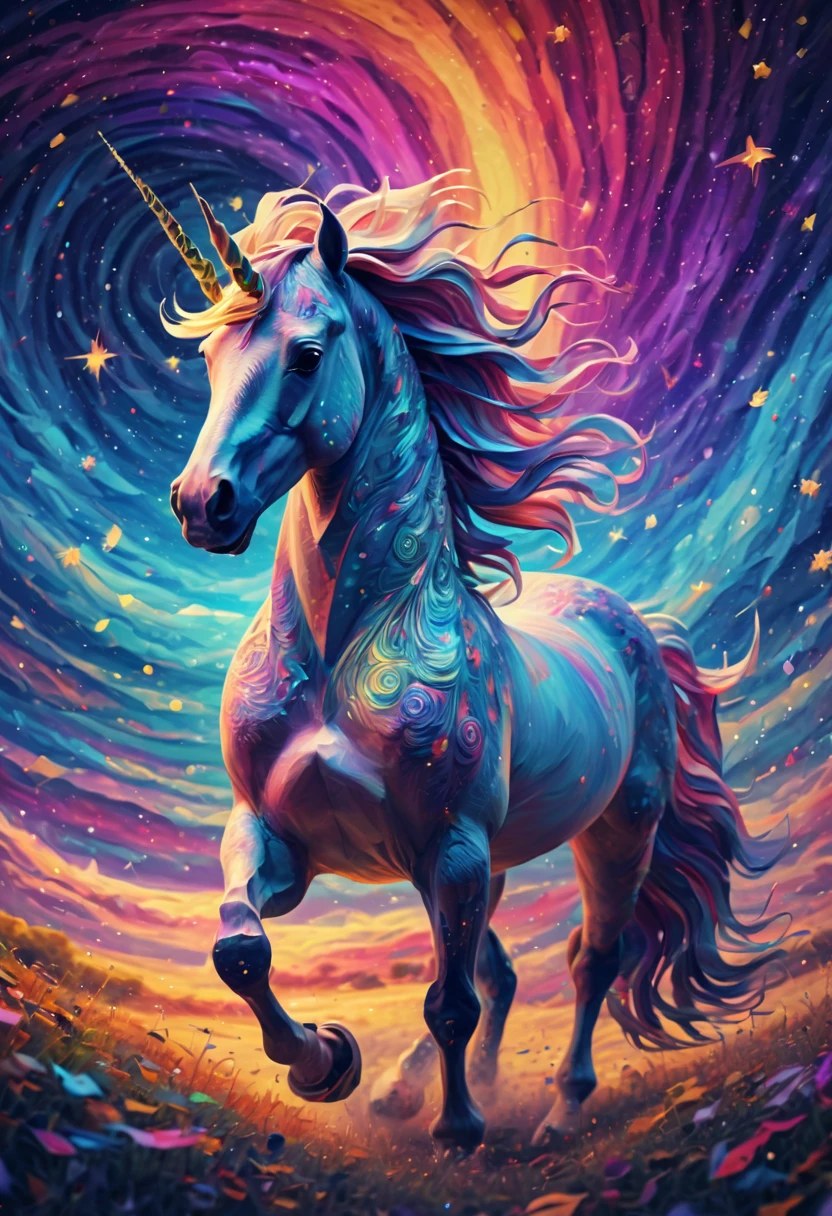 (best quality,4k,highres:1.2),ultra-detailed,fine brushstrokes,studio lighting, ponytailed unicorn portraits, big smile to the camera, vincent van gogh  style starry sky, zentangle, origami, 3d crunch, fantasy, magical flashes and explosions crossing the horizon, colorful palette:norainbow,