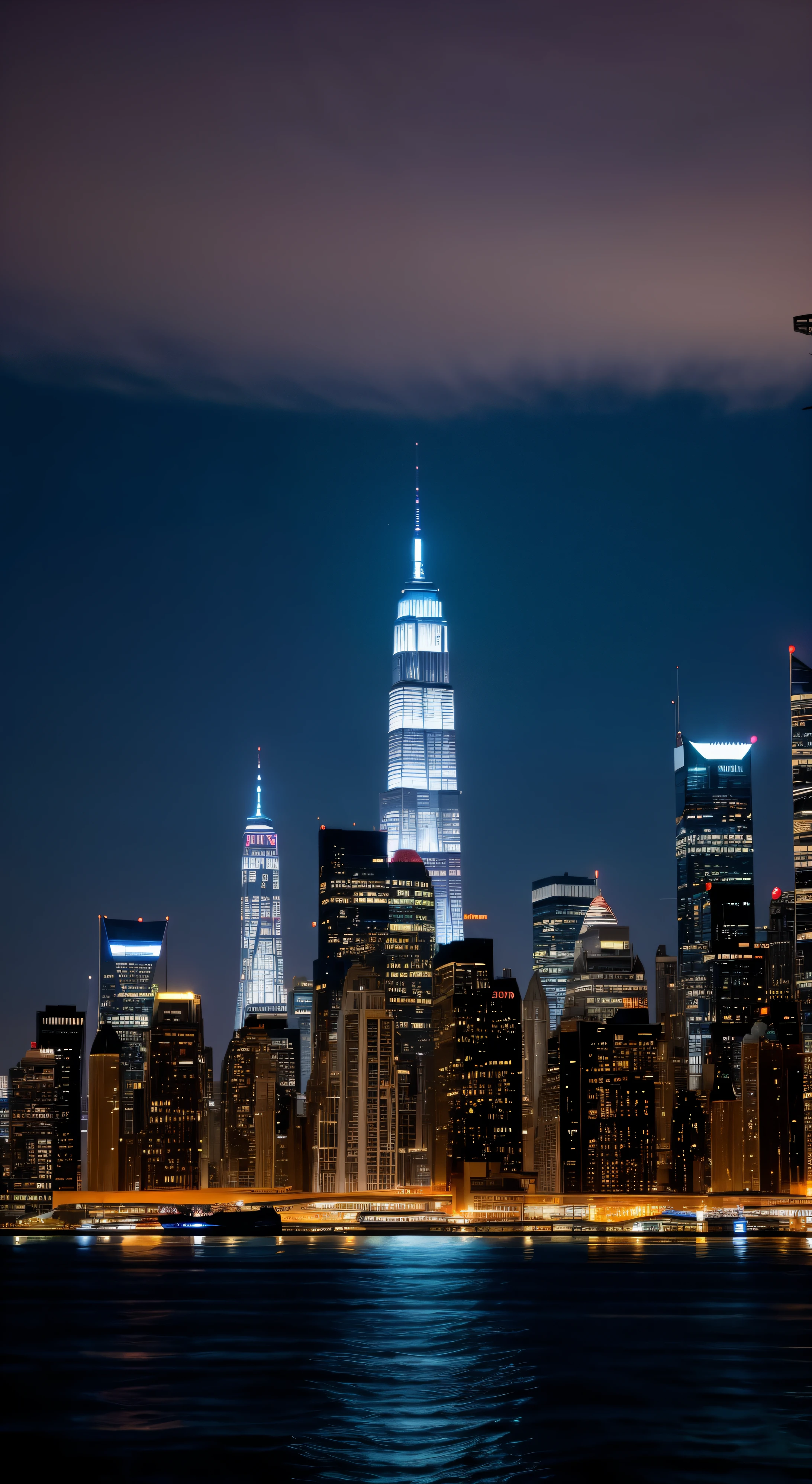 (RAW style, masterpiece, best quality, ultra-detailed), New York City Night View, Backdrop American City Landscape, Famous Landmark - the Statue of Liberty, Skyscrapers Background with glowing neon signs, for Photography Studio Props, realistic photography, (cinematic style), (film grain texture), cinematic light, top-down angle, ultra high res, intricately detailed, hyperrealistic, sharp focus, dark contrast, blue hour tones, dramatic shadows, impressive depth, iconic architecture, iconic scene, ideal studio backdrop.