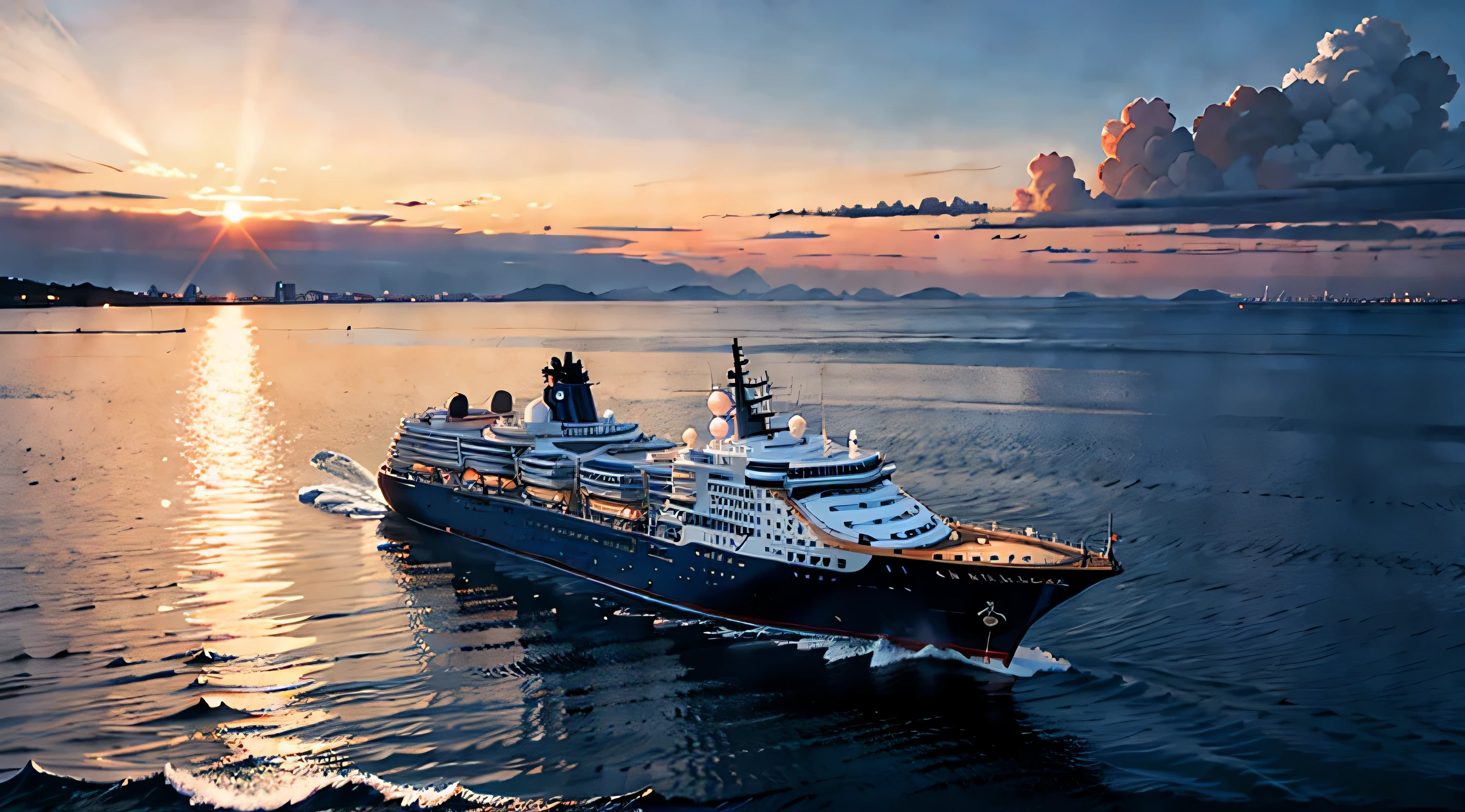 Ocean、Western buildings、Ocean岸、luxury liner、yacht、sunset、seagull