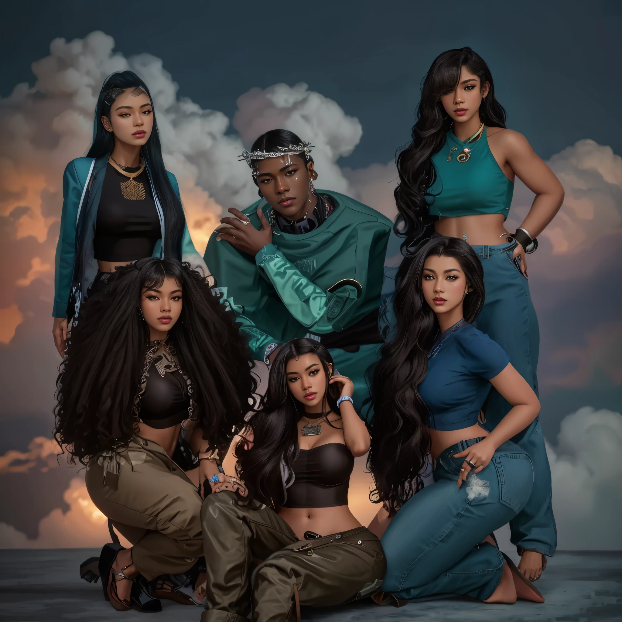 araffes posing in front of a cloud of smoke, imvu, ( ( dark skin ) ), with fully detailed faces, promotional render, official fanart, official illustration, highly_detailed!!, in style of digital illustration, official artwork, diverse outfits, as 3 figures, official render, highly rendered!!, light skin, render, gen z, icy