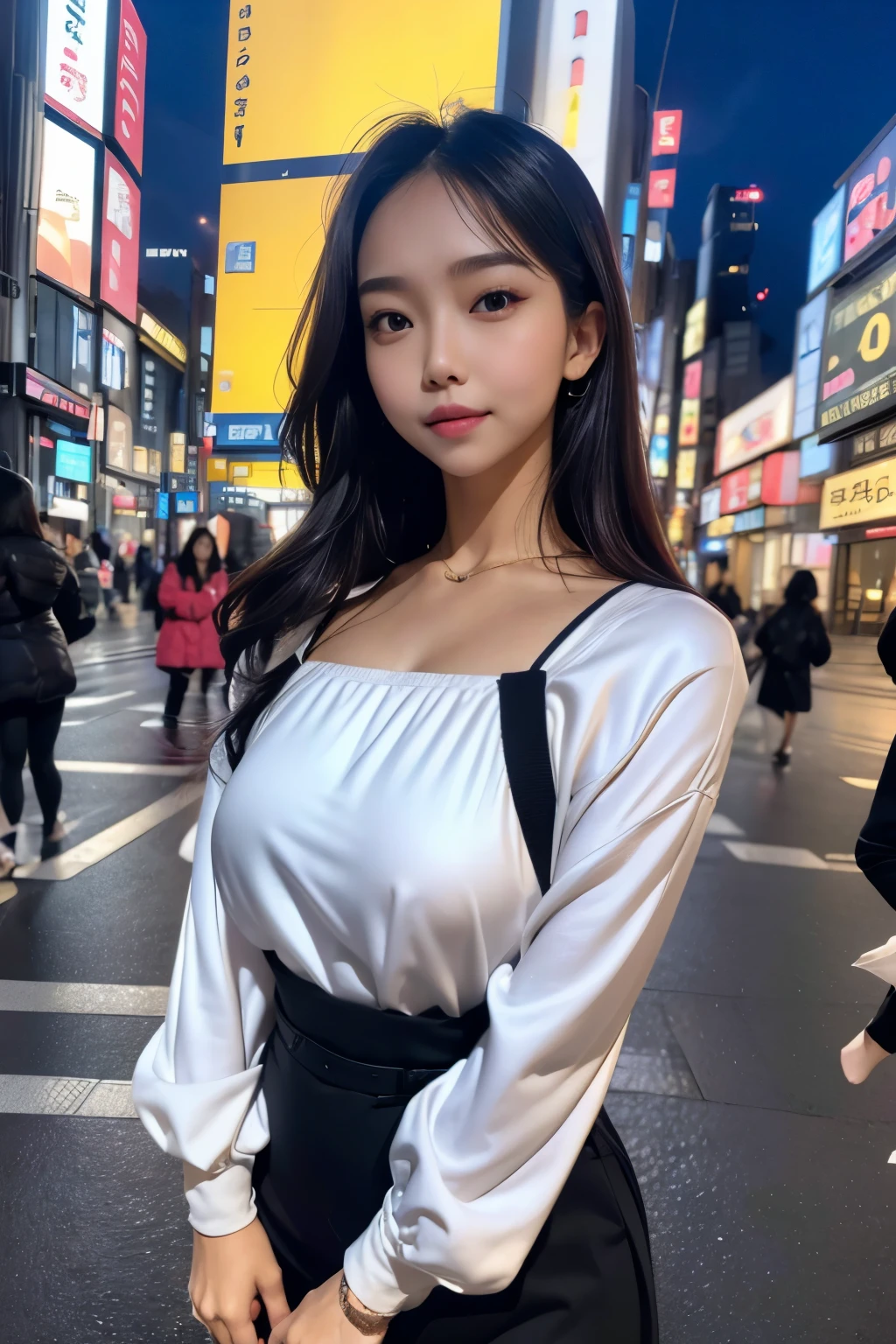 1 female, highly detailed face, detailed lips, detailed eye, double eyelid, smile, Colorful silk blouse, small box, Upper body, Close-up, beautiful hair, Ginza Street in Tokyo, evening, cityscape, Depth of bounds written, 8K, Raw photo, highest quality, masterpiece, realistic, Photoreal, Asian eye information
