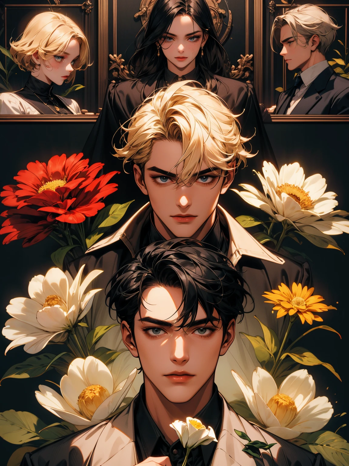 masterpiece, collage of man holding flowers, blond hair, black hair, white hair