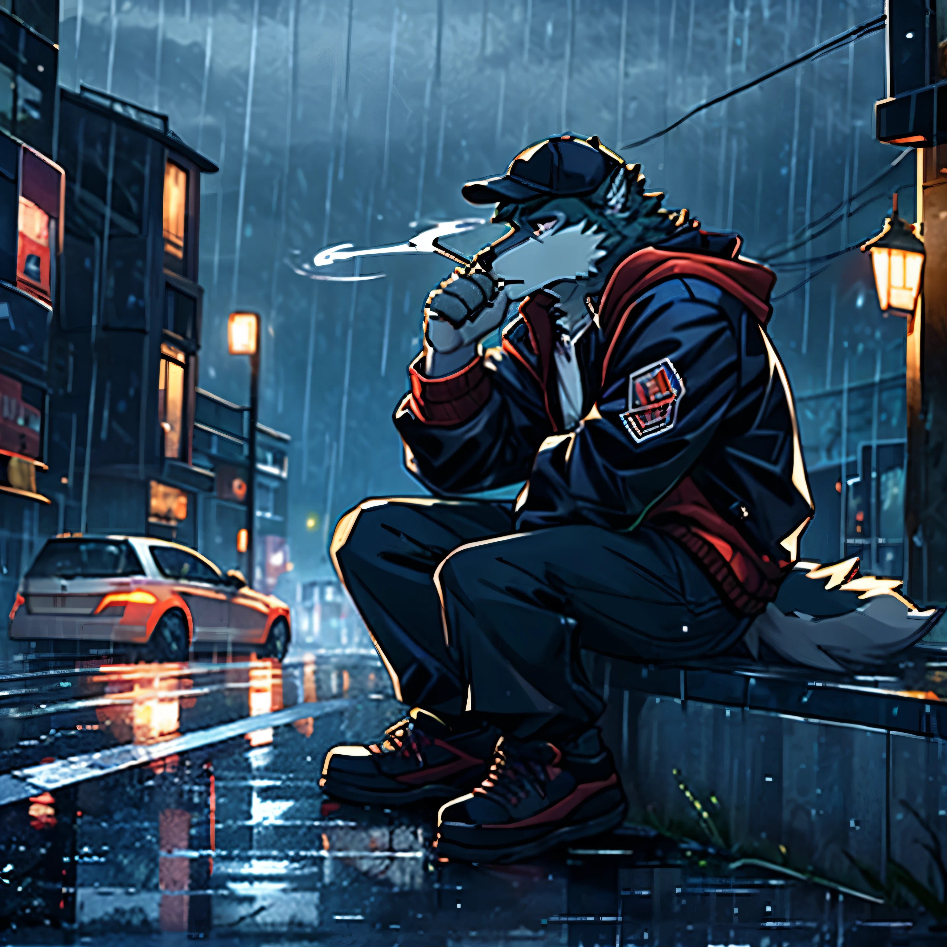 There is no smoking wolf job on the road., alone, Sad life, jacket, hat , midnight , rain , sit, Sad face