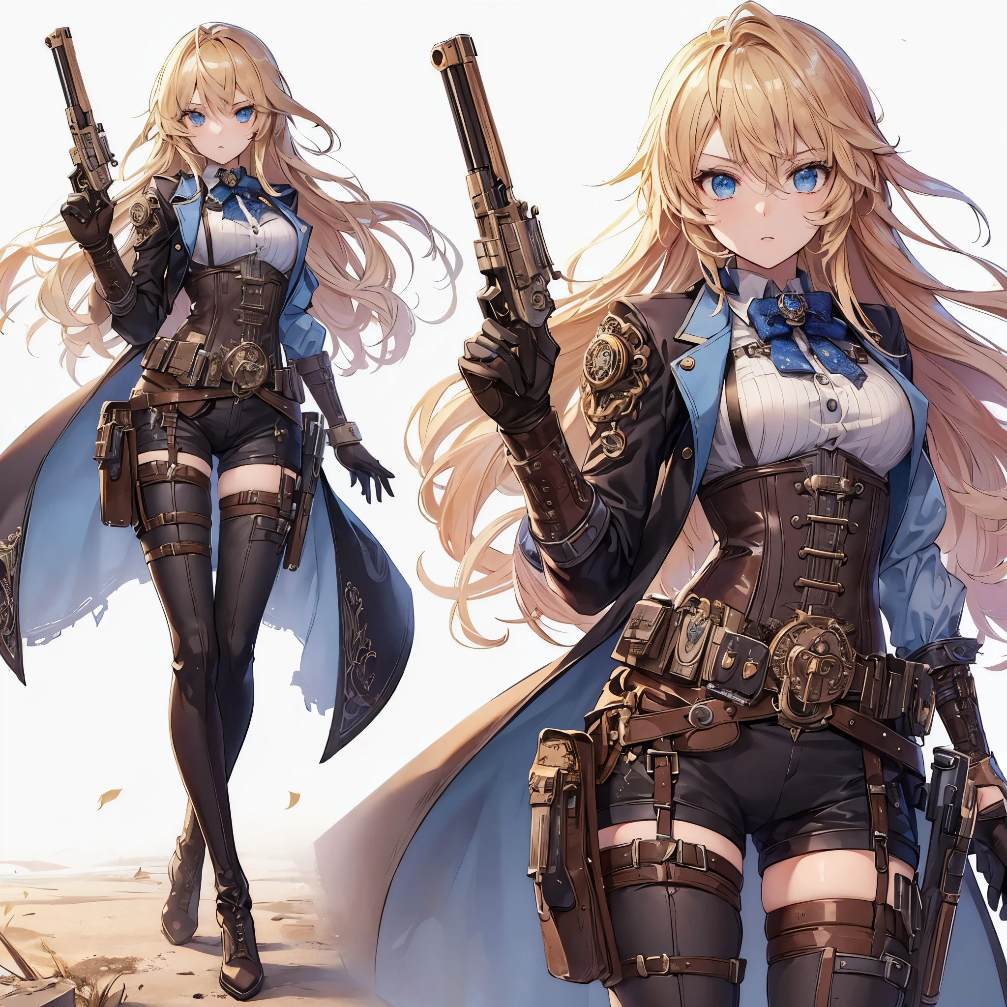 (masterpiece, Best Quality), (Perfect athlete body:1.2), (detailed hairs), Ultra-detailed, Anime style, Full body, Solo, steampunk gunslinger girl, blonde hair, blue eyes, in a stylish pantsuit, held steampunk pistol, wearing long boots, standing on wasteland, 8k high resolution, white background, whole body