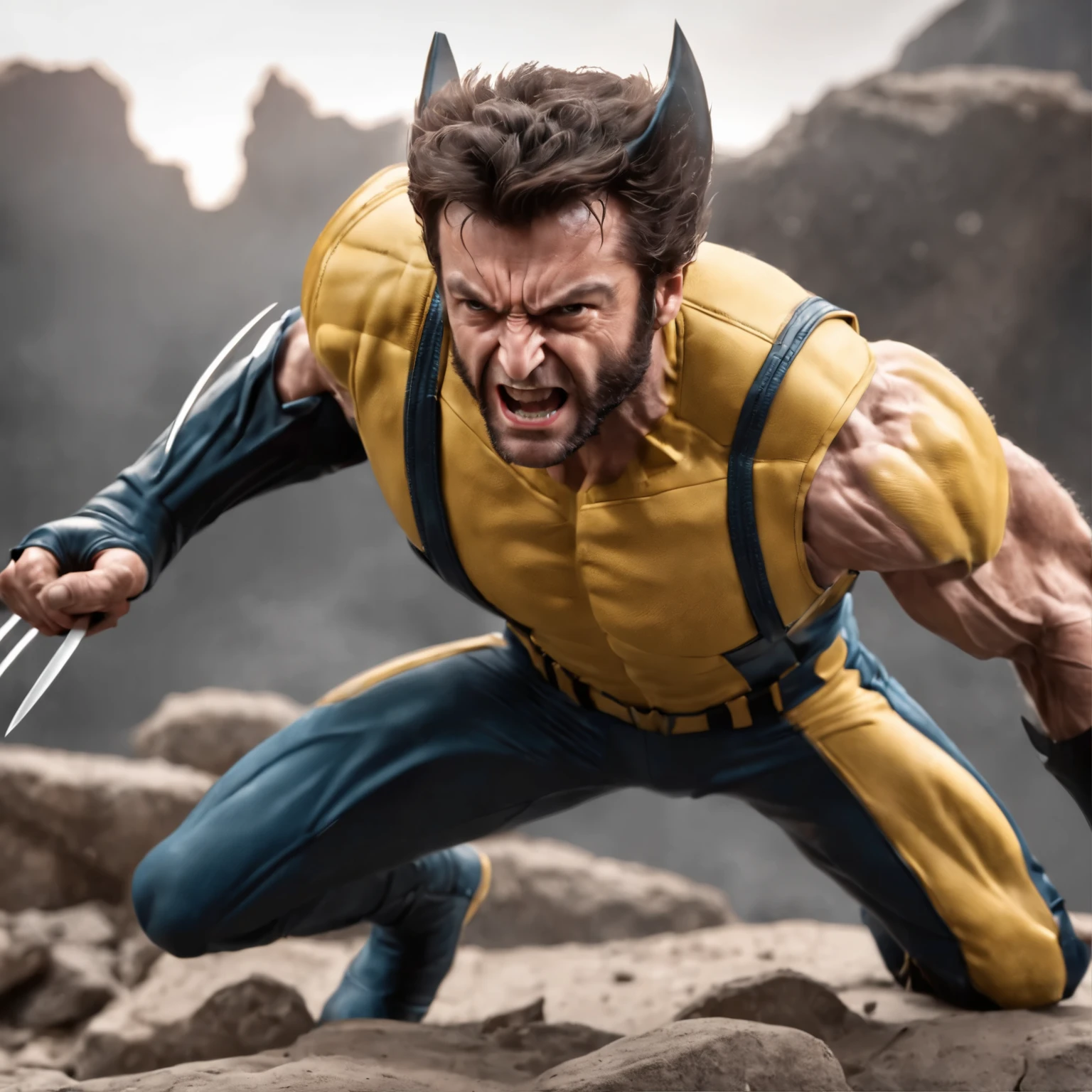 Wolwerine marvel((Wolverine X men)) in standing attack position with 3 claws in each hand,(Professional 3D rendering:1.3) de (realistic:1.3) Foto de arte mais bonita do mundo,Features soft, bright male heroes, ((Hero Wolverine x mem rough muscular man wearing yellow and black suit,Wet hero angry look long hair short beard and fierce expression in dynamic pose, fantastic location, majestoso ambiente desordenado)), corpo inteiro 8k unidade render, action shot, poros da pele, very dark lighting, sombreamento pesado, circunstanciado, Rosto detalhado, (vibrante, fotogrdeia realista, realistic, Dramatic, Escuro, sharp focus, 8k), (Old leather clothes damaged by bad weather:1.4), ((((Use peles)))), (intrincado:1.4), decadente, (altamente detalhado:1.4), pintura digital, rendering by octane, art stations, Conceito-Arte, liso, sharp focus, illustration, germe da arte, (Loish:0.23), Wlop Ilya Kuvshinov, e Greg Rutkowski e Alphonse Mucha Gracias, (global illumination, studio light, volumetric light), ((Wolverine)), floating particles, patife, fantasia, Onze, corpo inteiroesbian, ((Fundo escuro e antigo da cidade:1.3)),CGSesociedade,art stations