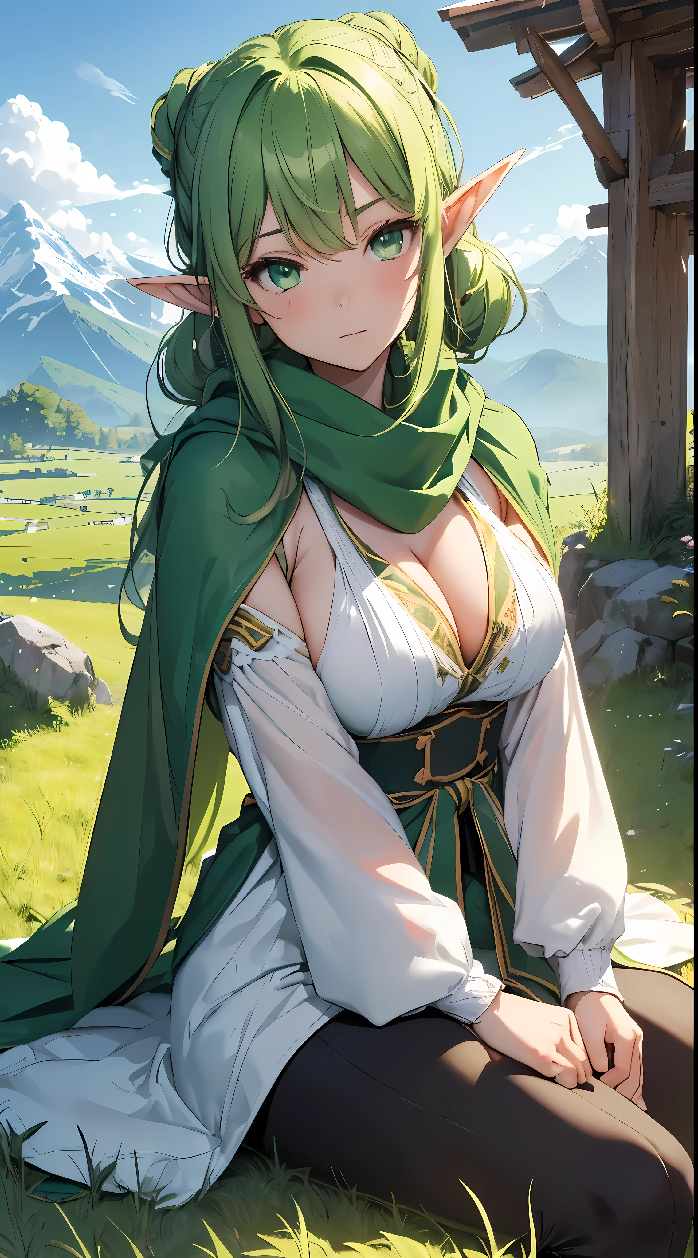 top quality、Best image quality、masterpiece、elf girl((18 years old、best tits、large bast,Beautiful green eyes、My heart is wide open, Green Twin Tails、Slightly muscular、Big valley、Reflect your whole body、Green Scarf、White robe、Energy of the Green Wind、Sedentary PE))high quality、beautiful art、background((ghat、wide meadow,)))、,table top、Visual arts、depth of field、