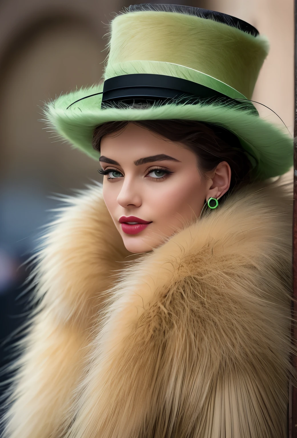 a close up of a woman wearing a Light Green hat and earrings, sleek dark fur, Light Green Fur, Russian style, very beautiful fur, fine fur, Dasha Taran, dark fur, Fur details, top hat, Anastasia Ovchinnikova, Light Green hat, synthetic fur, Elena Belova, wearing a top hat, Julia Gorokhova