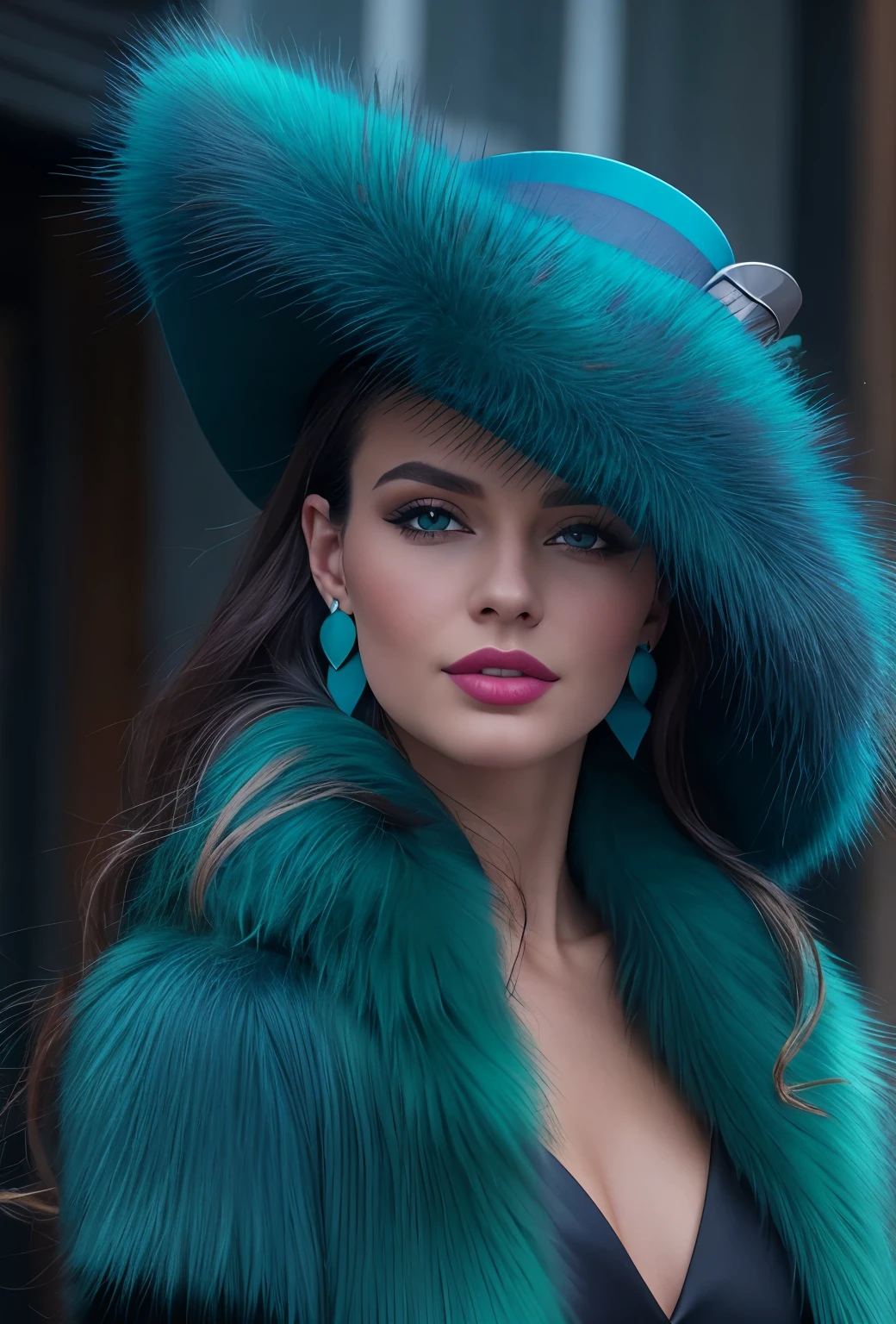a close up of a woman wearing a Turquoise hat and earrings, sleek dark fur, Turquoise fur, Russian style, very beautiful fur, fine fur, Dasha Taran, dark fur, Fur details, top hat, Anastasia Ovchinnikova, Turquoise hat, synthetic fur, Elena Belova, wearing a top hat, Julia Gorokhova