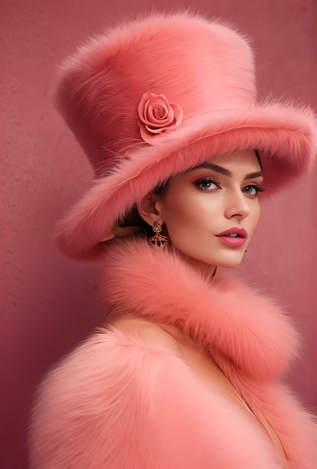 a close up of a woman wearing a Salmon Pink hat and earrings, sleek dark fur, Salmon Pink Fur, Russian style, very beautiful fur, fine fur, Dasha Taran, dark fur, Fur details, top hat, Anastasia Ovchinnikova, Salmon Pink hat, synthetic fur, Elena Belova, wearing a top hat, Julia Gorokhova
