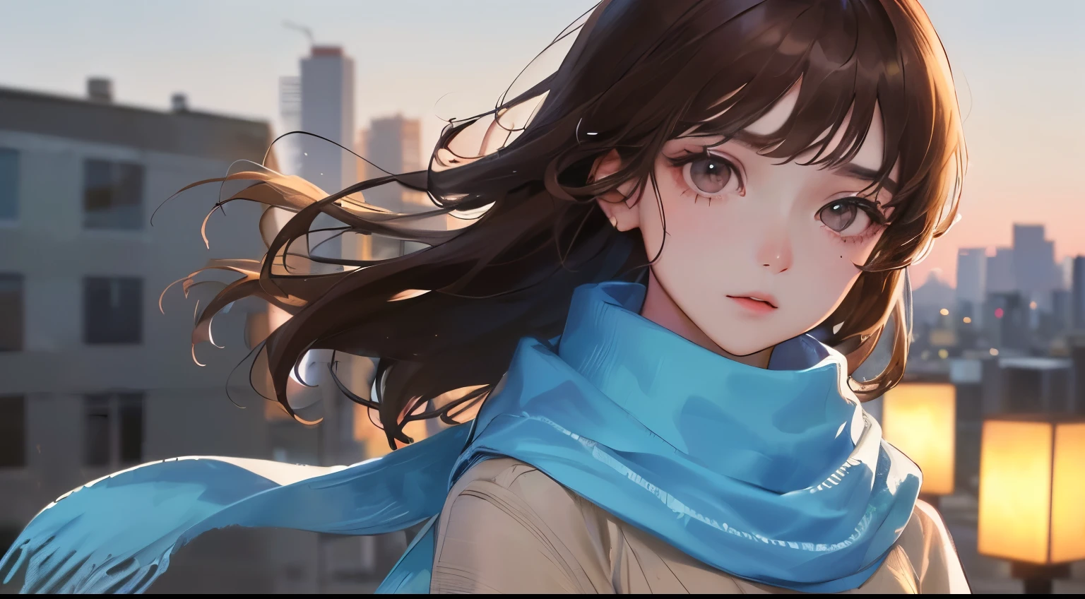 (((1 woman)))、(highest resolution、clear_image)、 (((Scarf)))、best quality、((Perm hair)),(((sweater)))、contrast of light and shadow、、night city background、((illumination))、very detailed、Semi-realistic、brown hair、、Expressionless、bangs、20-year-old、office Lady,,young、((View from the front))、delicate facial features facial features、