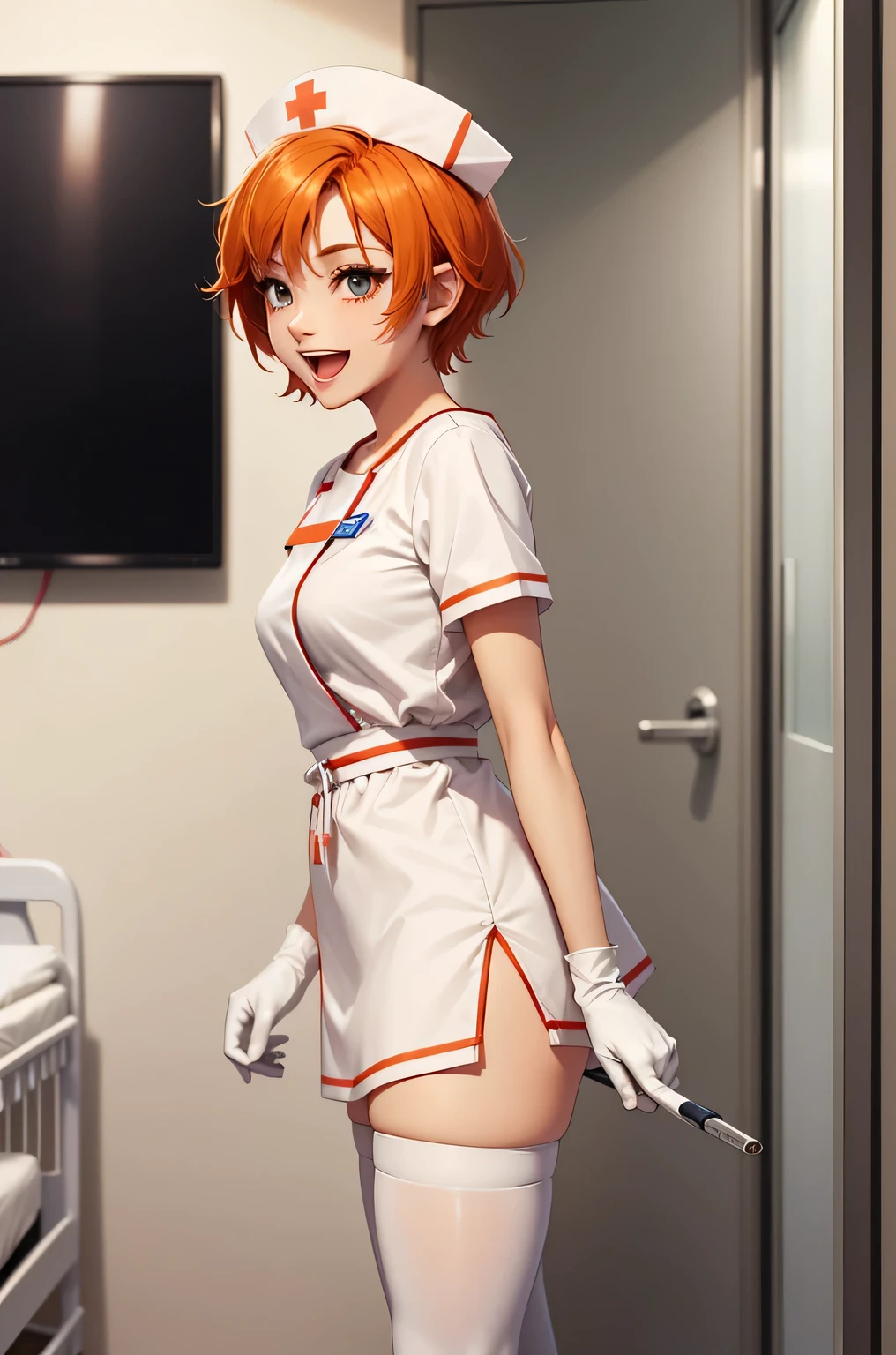 1 girl, alone, nurse, nurse cap, Whiteware, ((white legwear, zettai ryouiki)), white gloves, very short hair, orange hair, smile, open your mouth, Are standing, ((hospital room)), sharp outline, short sleeve, Tomboy, boyish, highest quality, masterpiece
