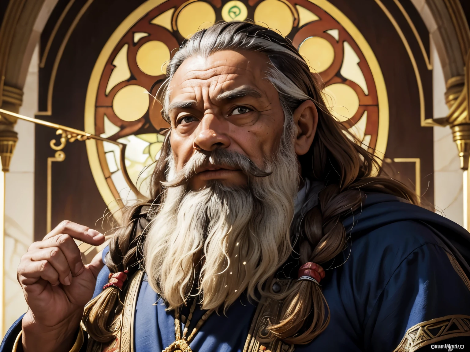 RPG retrato, Moldura de Bronze, fechar-se, Corrida: dwarf, Gender: macho, idade: 30 anos, olhos: Marrom escuro; Cor da pele: Pele clara, cabelo: Castanho encaracolado, physicist: Tez gordurosa, facial features: Barba frondosa, expression: olhar alegre, equipamento: dwarf King clothing, Fundo: retrato simples com moldura, Alphonse Mucha (obra de arte, melhor qualidade, alto: 1.4), detalhado, detalhes intrincados, 4k, salpicos de cor, arte de linha, Fibonacci
