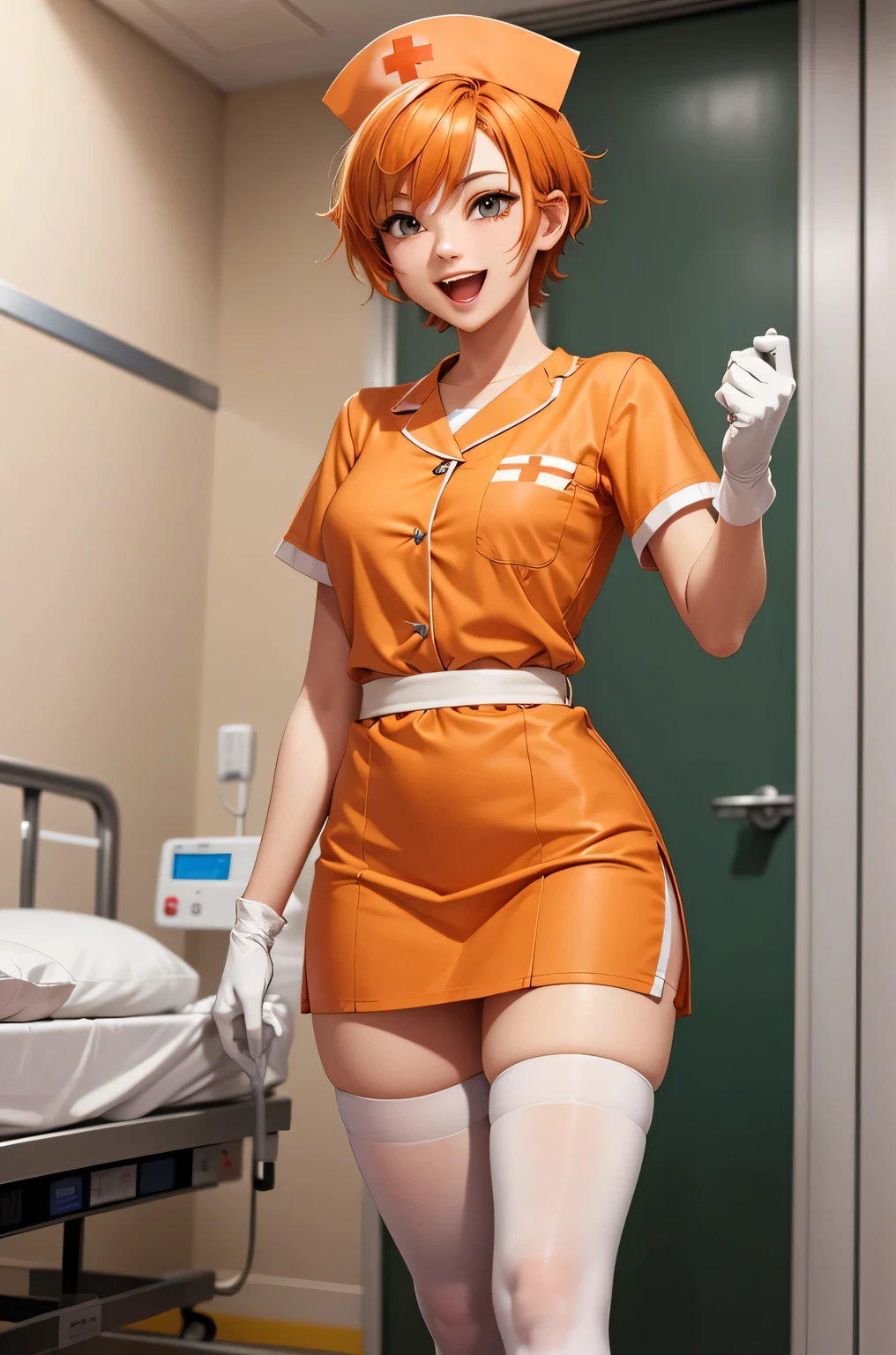 1 girl, alone, nurse, nurse cap, Whiteware, ((white legwear, zettai ryouiki)), white gloves, very short hair, orange hair, smile, open your mouth, Are standing, ((hospital room)), sharp outline, short sleeve, Tomboy, boyish, highest quality, masterpiece