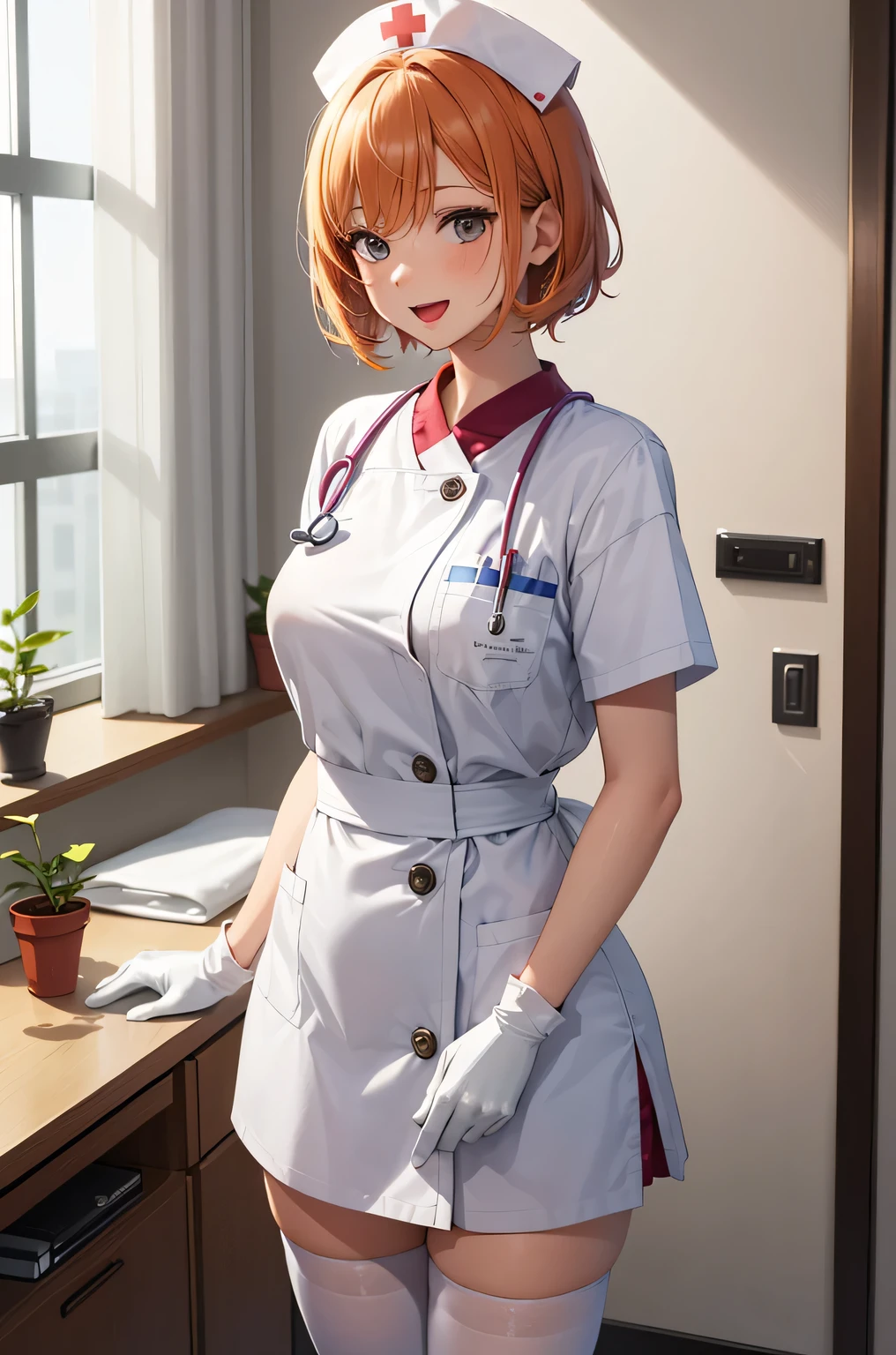 1 girl, alone, nurse, nurse cap, Whiteware, ((white legwear, zettai ryouiki)), white gloves, very short hair, orange hair, smile, open your mouth, Are standing, ((hospital room)), sharp outline, short sleeve, Tomboy, boyish, highest quality, masterpiece