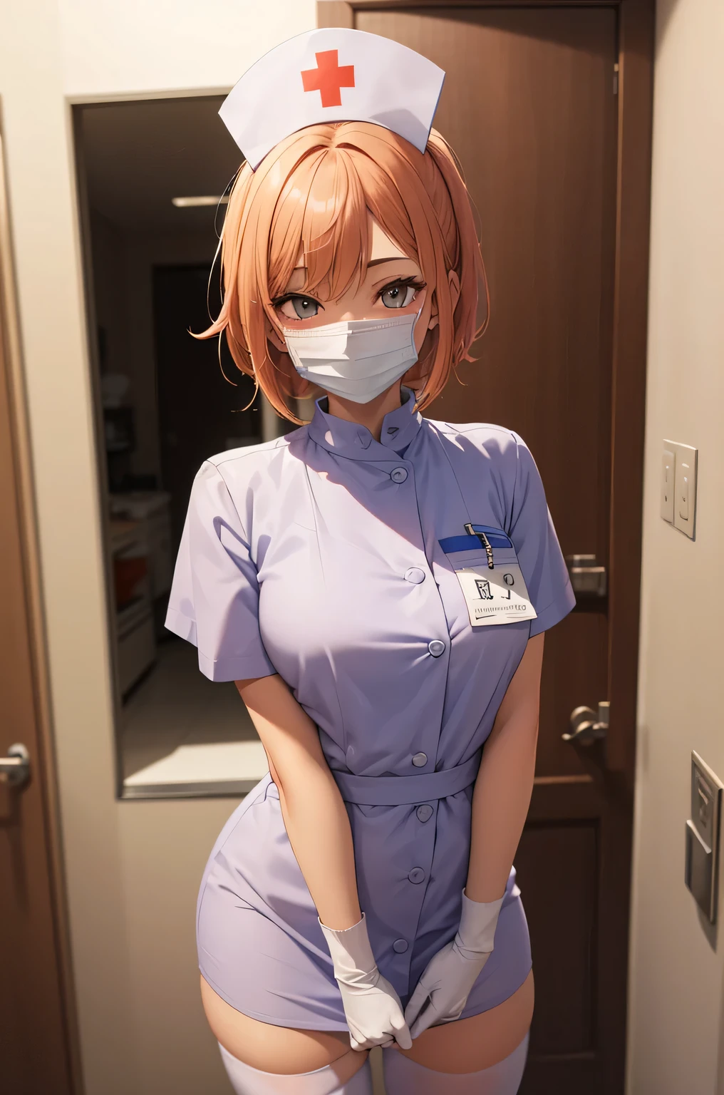1 girl, alone, nurse, nurse cap, Whiteware, ((white legwear, zettai ryouiki)), white gloves, very short hair, orange hair, ((White surgical mask, Covered nose)), Are standing, ((hospital room)), sharp outline, short sleeve, Tomboy, boyish, highest quality, masterpiece