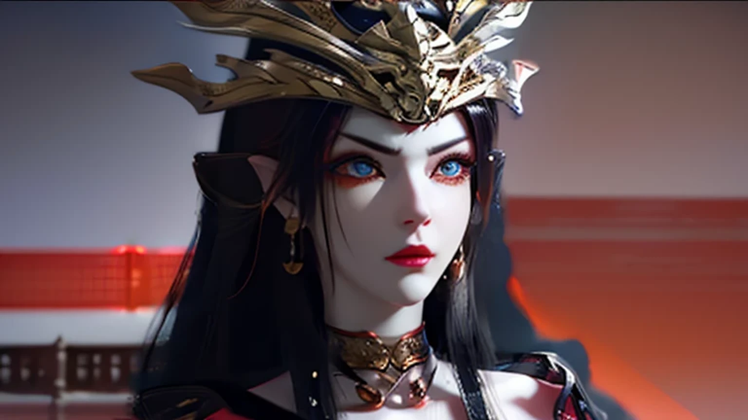 1 Very beautiful Queen Medusa in the Han house, Thin red silk shirt,There are many yellow patterns, Black lace top, crown on her head, Long hair dyed black, beautiful hair ornaments, Nice cute face, Perfect face, Earring jewelry, Antique jewelry, Big red eyes, Sharp eye makeup, Detailed eyelash makeup, Thin eyebrows, High nose, Nice red lips, no smile, pursed lips, rosycheeks, Large breasts, Big breasts, Well-proportioned breasts, Slim waist, Red mesh stockings,black border, chinese hanfu style, Fictional art patterns, vivid and realistic colors, RAW photos, actual photo, ultra high quality 8k surreal photos, Cool photos, (Virtual light effects: 1.8), 10x pixel, Effect magic (Background): 1.8), (Super detailed eyes: 1.8), (Eyelids): Red: 1.8), (black eye pupil: 1.8)Beautiful girl portrait, lone girl, Antique Hanfu background, head straight-looking at viewer, Wide original image, 8K quality, Super sharp, Most detailed、The sharpest image, Detailed bright background,