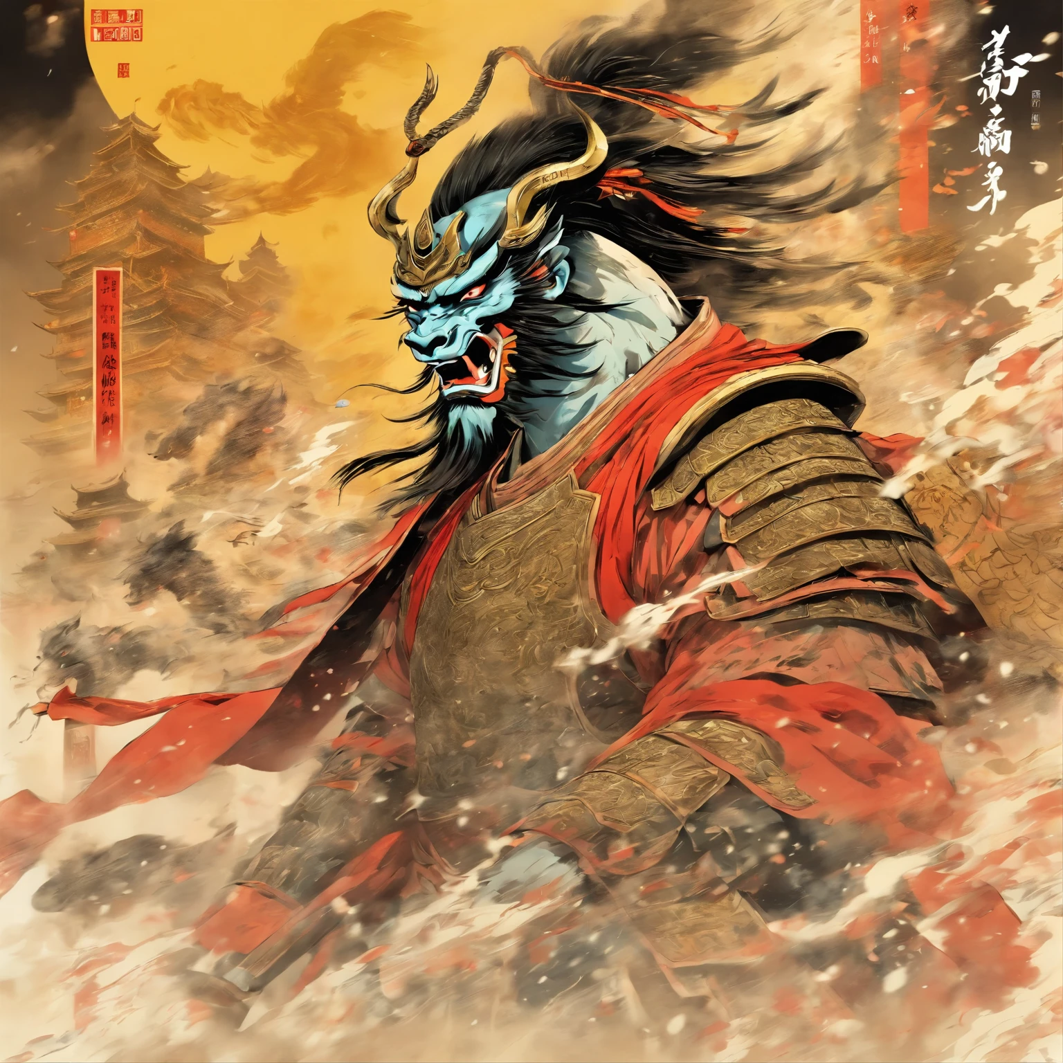 Ink painting, Hu Lao Gate, spirited horse, long spear, armor, Guan Yu, Zhang Fei, Liu Bei, intense combat, weapons clash, minimalistic strokes, dust, traditional art, Chinese ink painting, serenity, power.