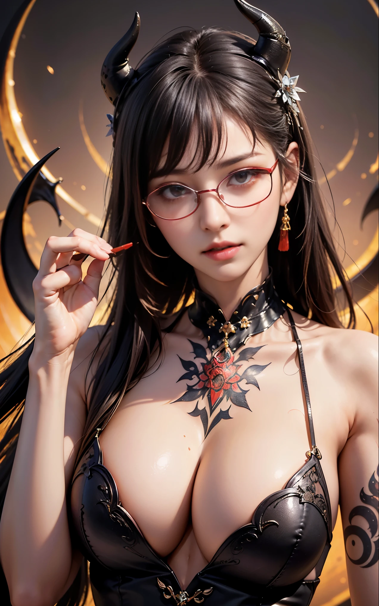 Are you okayですか、(best illustrations)、8k UHD resolution、intricate details、highest quality、realistic、Super detailed、best lighting、best shadows、soft lighting、Ultra HD、超realistic、Tyndall effect、Photoreal、(high detail skin:1.2)、 (intricate details, compensate, face to face with the children_v1:0.5), (Fine, beautiful and delicate face, Are you okay, beautiful and delicate eyes, perfectly proportioned face, high resolution skin, fine skin, Optimal ratio of 4 fingers and 1 thumb, arm under chest, red tattoo on lower abdomen、wow wow, wide hips, smooth abdomen, thin and thin skin, __fashion__, __hair__:1.25)、Digital single-lens reflex camera、 absurd、(table top: 1.3), (maximum resolution: 1.2), (Ultra HDTV: 1.2), cinematic light, fine eyes and skin, detailed facial features, , (sharp focus: 1.2), (focus on face:1.2),perfect style, beautiful face, acura, anatomically correct, Highly detailed face and skin texture, fine eyes, double eyelid, thin eyebrows, glitter eyeliner: 1 natural cheeks, Glossy skin, Fair skin: 1.2, (glossy lips: 1.4),(embarrassed look: 1.2),Highly detailed face and skin texture, fine eyes, double eyelid, natural cheeks, glossy lips: 1.4,exposed cleavage、Bewitching。attractive、 Beautiful devil woman from hell, Surreal female portraits by David Hockney and Alphonse Mucha, attractive女性の肖像画、fantasy art, chinese doll、Chinese actress、dungeon、dragon、devil's palace、devil's torture chamber、night、dark style 、in the dark、(detailed spooky background:0.8), magic、 1 girl、evil nun、dark necromancer、Succubus、devil's daughter、Shinonome Umi、bat wings,(((devil's horns)))、 ((((giant glasses, otaku glasses, thick glasses, round glasses)))),(((big breasts)))、(devil's tail)、(red eyesは光り輝いて:1.6)、red eyesは非常に鮮明で詳細です, The eyes are made up very beautifully, ((red eyes:1.0)),intricate tattoo, demonic intricate tattoo, Tattoo on the thigh, body tattoo, masterpiece、最もbeautiful face、baby face、cute smile、beautiful plump red lips、筋肉のattractive体、悪魔のattractive体、devil style、attractiveブラックマジックコスチューム、The long-haired、Braid、Black hair、Ponytail distortion、, Ponytail with a bow tied at the back of the hair, beautiful expression、body up、big breasts強調、bust, super tight chest, Breast augmentation surgery, The chest is very large and round,tight waist、wide ass、 discreet key, cowboy lens, (Black Phoenix Dress: 1.0), devil crown, red sparkling gemstone necklace、Jewelry G Wise, Please wear black mesh socks,Wear light red、nffsw, nffsw, meet beautiful girls, look at the girl's body,