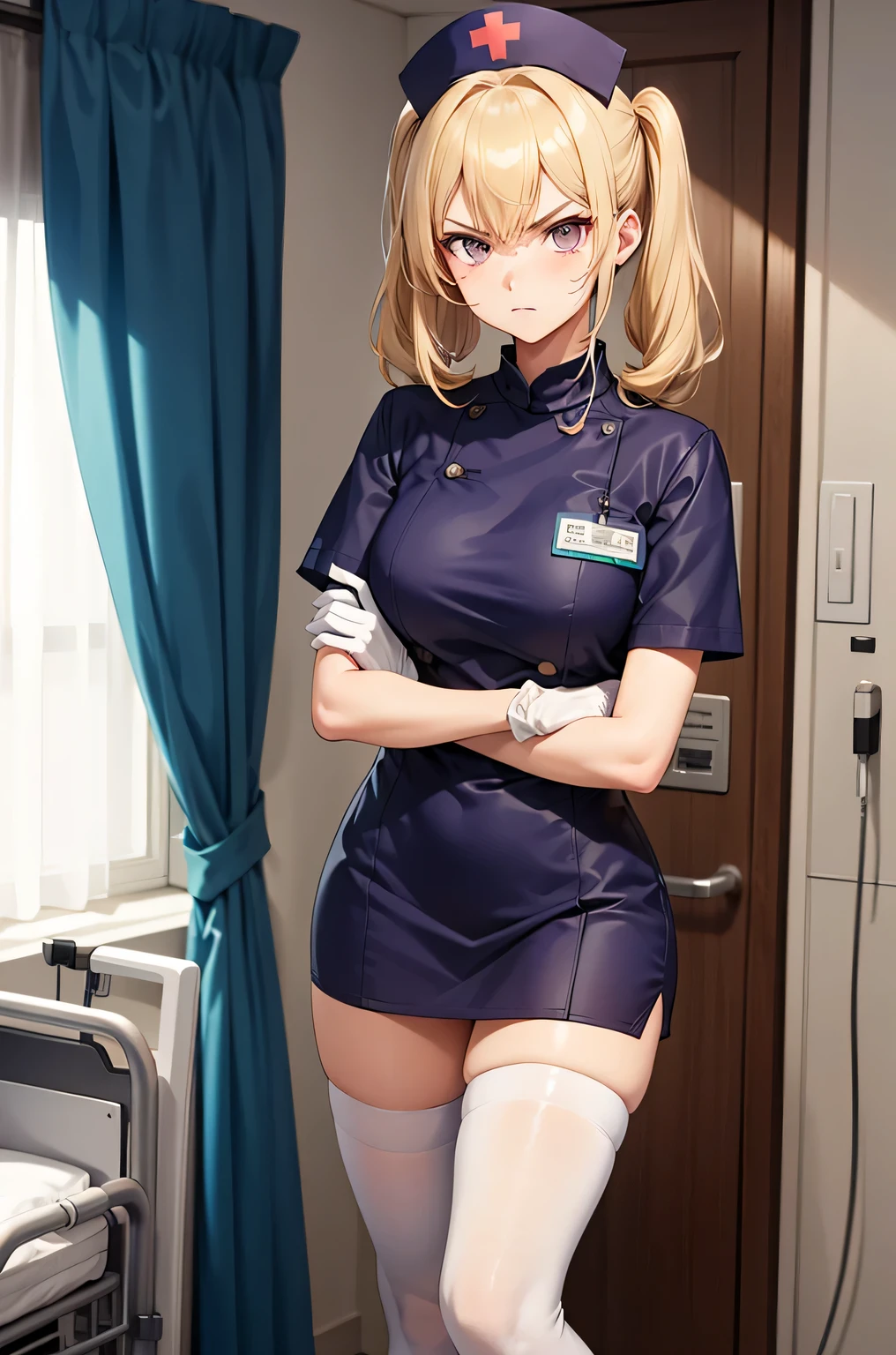 Nurse, ((white nurse uniforms:1.5)), ((white skirt:1.5)), break, very detailed face and eyes, ((Kyoto Animation Style)), super precision, ​masterpiece, very extremely beautiful, Princess Face,  shorth hair, Straight hair, a blond, ((Short ponytail:1.5)), ((Straight bangs:1.5)), ((hime-cut:1.5)), big eye, Blue eyes, ((medium breasts)), BREAK, Red ribbons, cowboy  shot, dynamicposes, gland, A smile, frombelow, Latex, hospitals, ((Hospital Room:1.5)), ((a bed)), lie on one's side, frombelow,