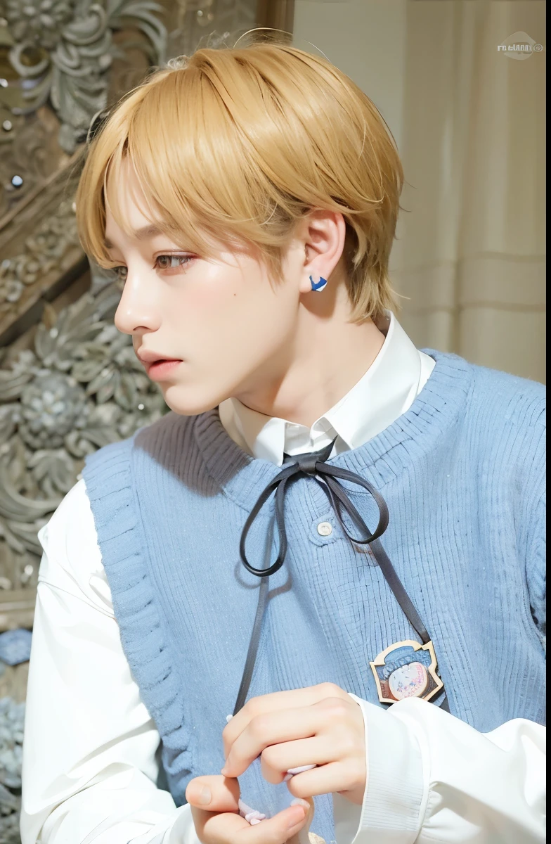 un primer plano de una persona que llevaba un chaleco azul y una corbata, jungkook, kim doyoung, Jimin, cai xukun, taehyung comiendo papas fritas gucci, Jimin\los labios carnosos, hyung tae, Jimin\his right eyelid is swollen, Jimin\la nariz griega, inspirado en Kun Can, 🍁 lindo, park Jimin, inspirado en Bian Shoumin
