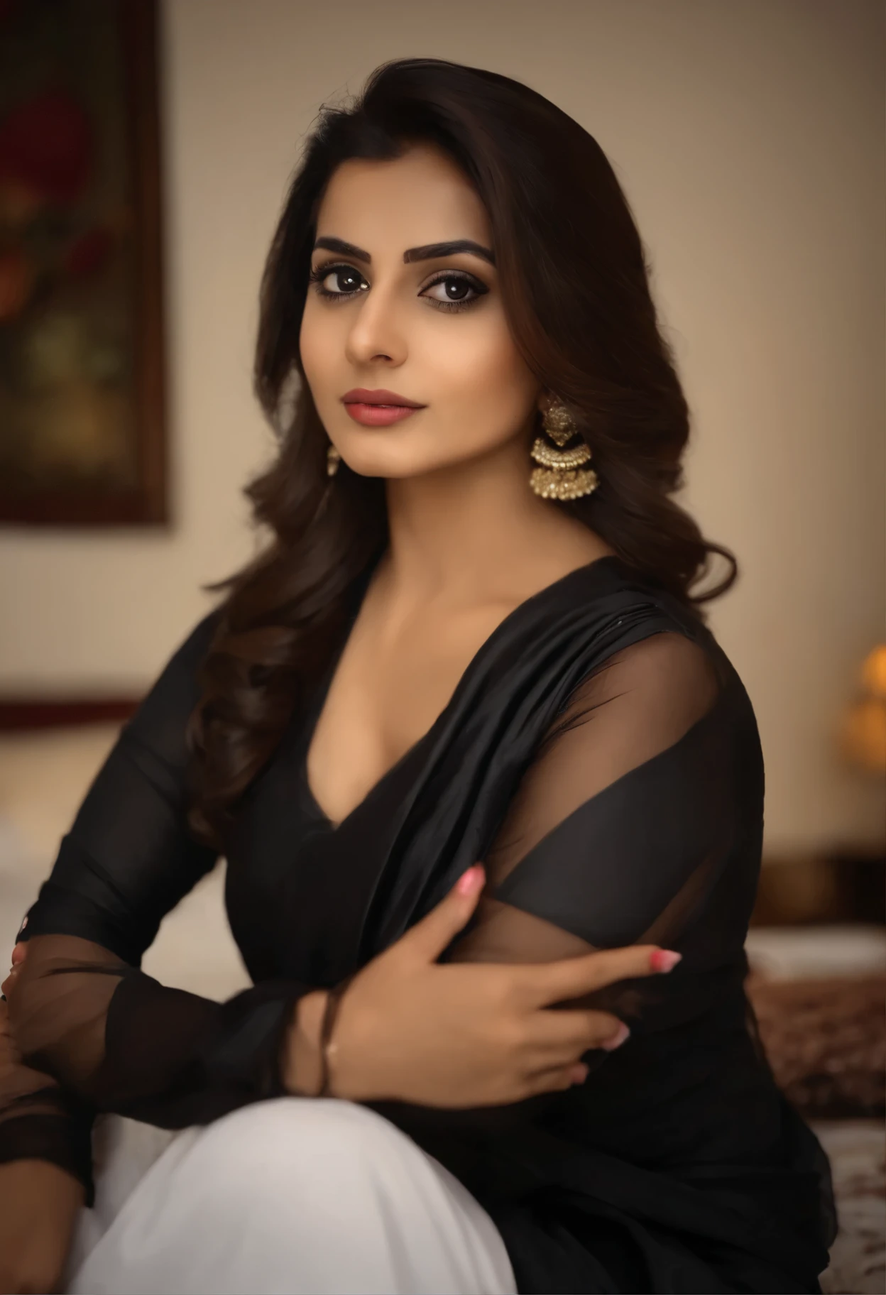 arafed woman with black salwar kamiz, sexy girl with brown eyes, brown hair and large eyes, selfie of a young woman, bedroom eyes, natural makeup, looking directly at the camera, face with artgram, subtle makeup, stunning full body shot, in bedroom, cleavage