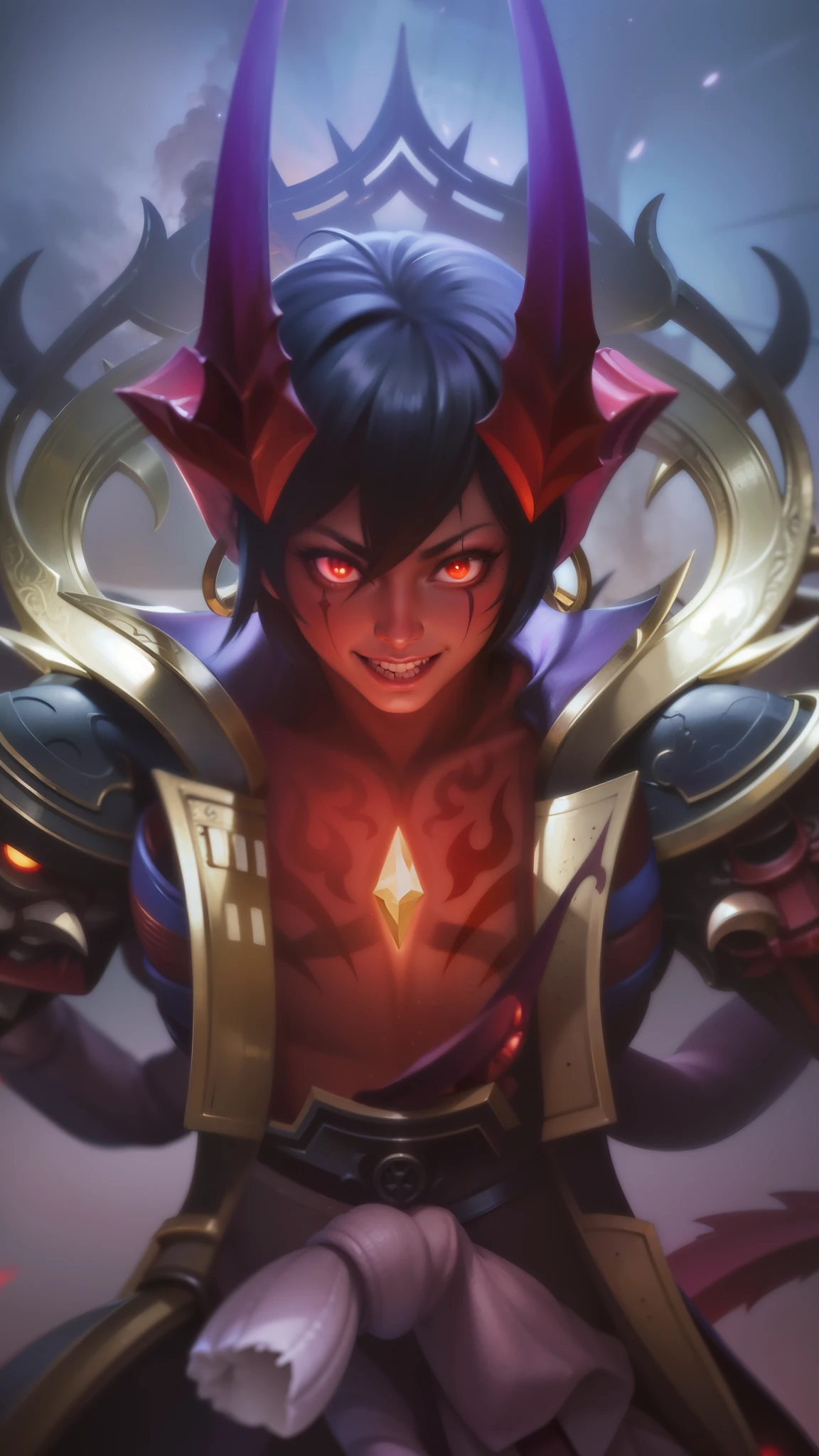 Masterpiece, ultra HD, detailed all picture, a close up of a devil, dyrroth from mobile legend, evil, extremely detailed artgerm, mobile legends character, inspired by Dyrroth, Six pack chest and abs, yellow jewel above the chest.