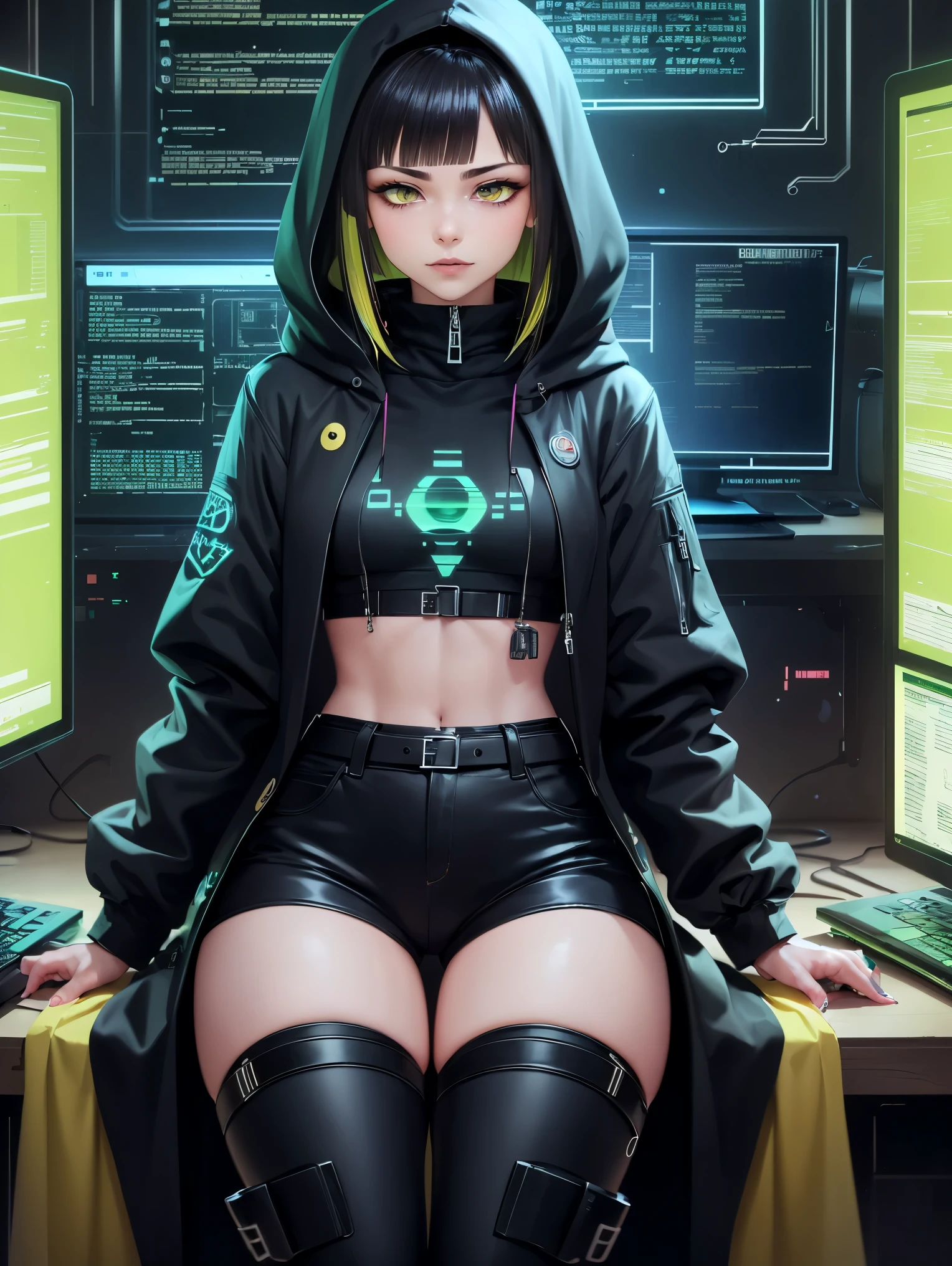 ****** com cabelo curto, fringe, highlights in green, (((yellow eye))), pupila de gato, orelha de raposa, roupa preta, cyberpunk, punk neon escuro, cor estilo cyberpunk, vtuber, full body, perfect hand, perfect face, perfect body, (((Sitting, Woman sitting in front of the computer, female hacker))), ((highlights in green)), perfect eye, olhos detalhados, ((hackedtech, scifi)), ((Pants, black coat, overcoat, high boots, cropped))