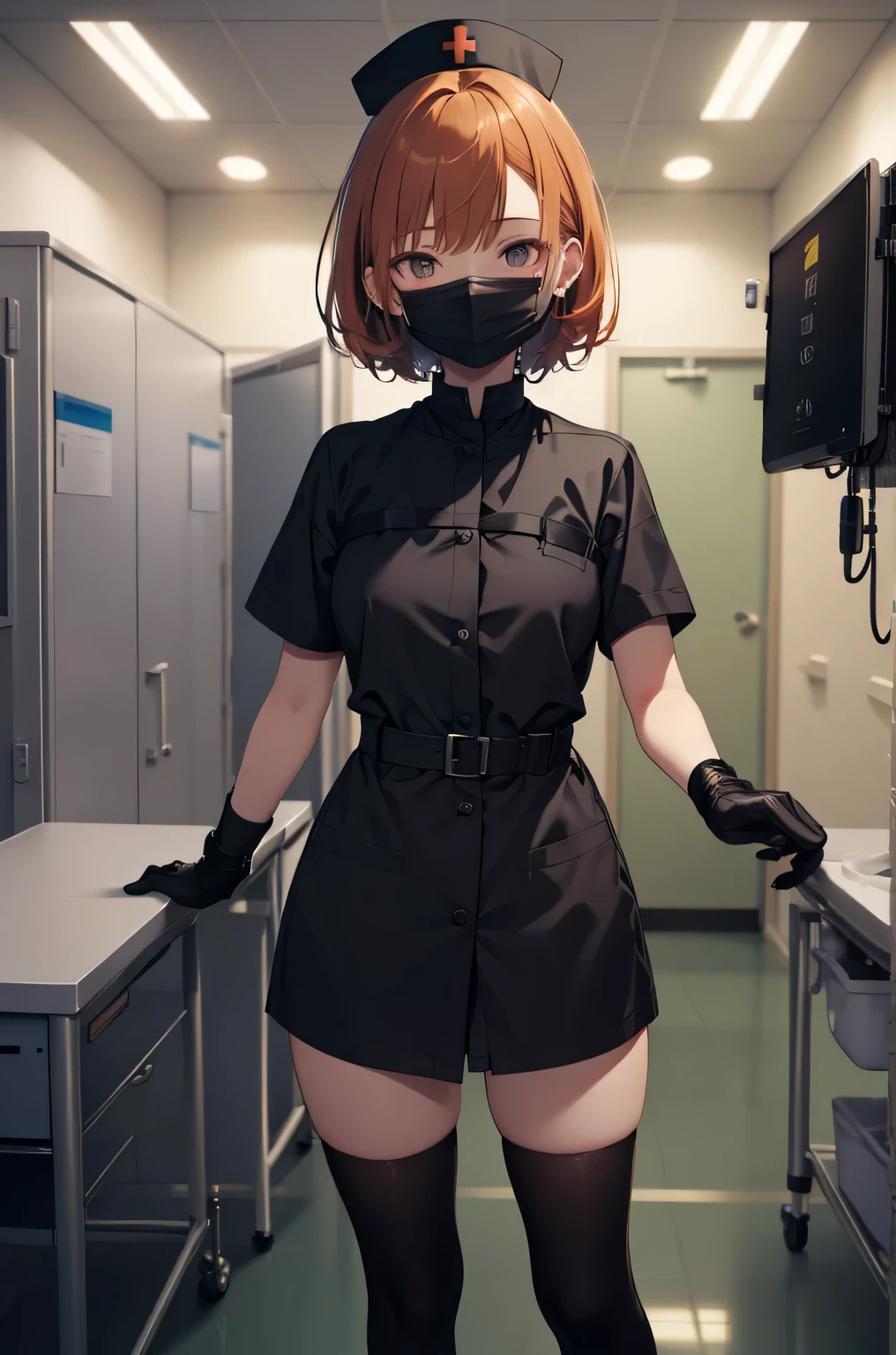 black nurse, 1 girl, alone, black nurse cap, Black Wear, ((black legwear, zettai ryouiki)), black elbow gloves, very short hair, orange hair, ((Black surgical mask, Covered nose)), Are standing, ((operating room)), sharp outline, short sleeve, Tomboy, boyish, highest quality, masterpiece