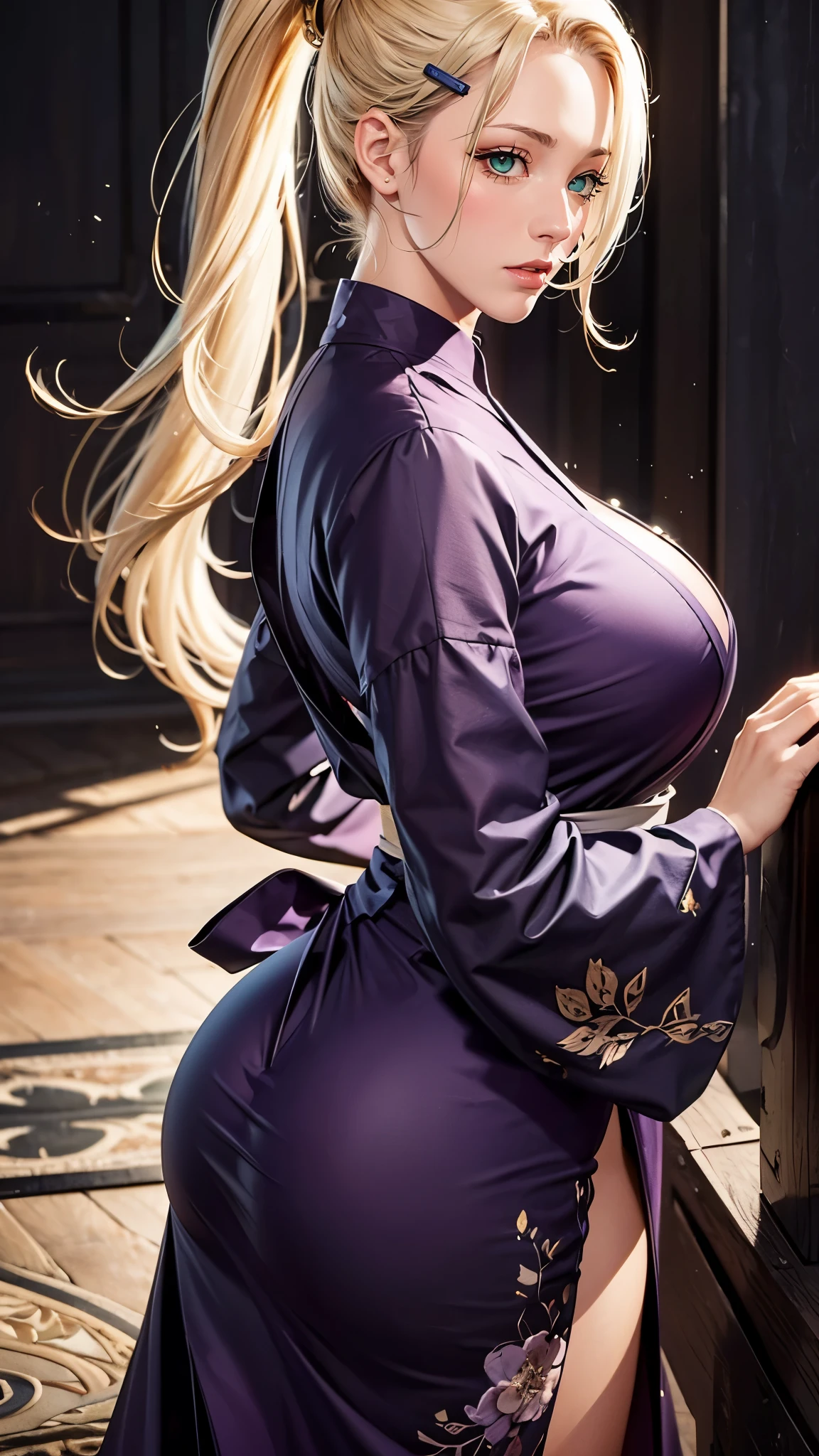 （（（完美figure，figure，(Purple Hanfu:1.2), wide sleeves,xuer martial arts,（（（yamanaka_ino，1girl, blonde hair, hair ornament, green eyes, ponytail, hairclip, hair over one eye, ））），（（（wide hips））），S型figure:1.7））），((masterpiece)),high resolution, ((Best quality at best))，masterpiece，quality，Best quality，（（（ Exquisite facial features，looking at the audience,There is light in the eyes，lol，confidence））），（（（Light and shadow interlace，huge ））），（（（looking into camera，from the side，plump butt，转头looking into camera，quicksand，sand，clenched fist，correct finger ）））