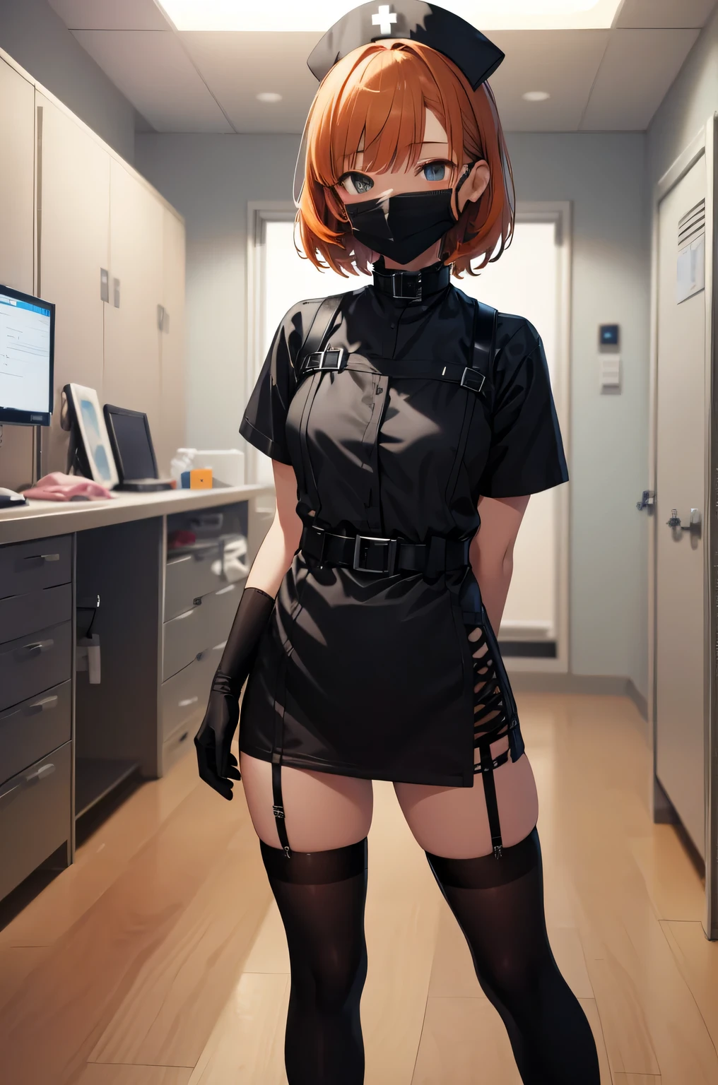 black nurse, 1 girl, alone, black nurse cap, Black Wear, ((black legwear, zettai ryouiki)), black elbow gloves, very short hair, orange hair, ((Black surgical mask, Covered nose)), Are standing, ((operating room)), sharp outline, short sleeve, Tomboy, boyish, highest quality, masterpiece