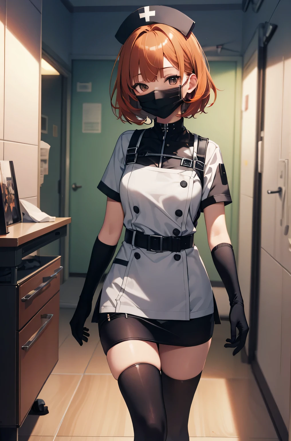 black nurse, 1 girl, alone, black nurse cap, Black Wear, ((black legwear, zettai ryouiki)), black elbow gloves, very short hair, orange hair, ((Black surgical mask, Covered nose)), Are standing, ((operating room)), sharp outline, short sleeve, Tomboy, boyish, highest quality, masterpiece